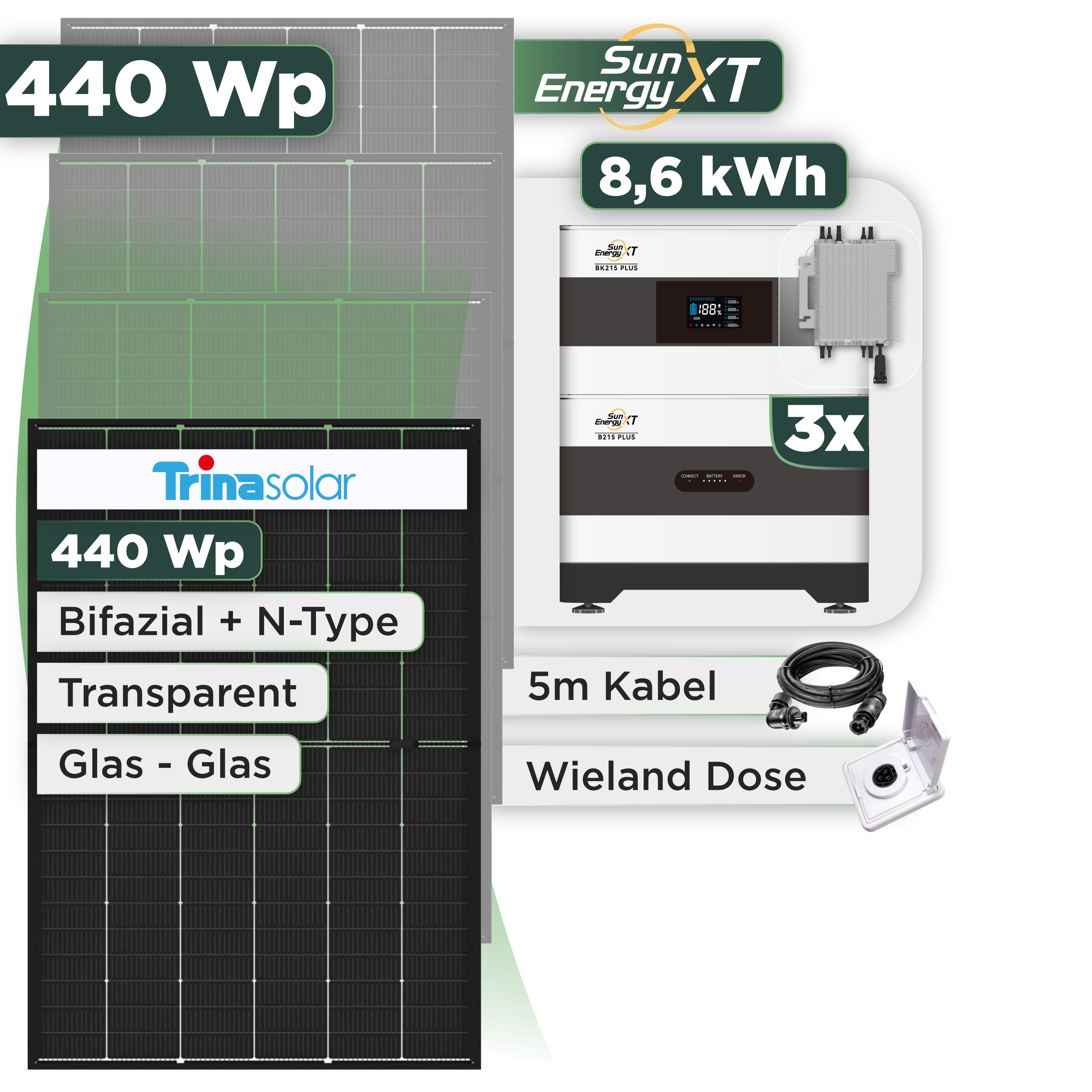 Balkonkraftwerk Set 440 Wp SunEnergyXT Plus / 8,6 kWh / Trina 440 Wp Glas-Glas Bifazial Modul / 1 Modul / Deye 2000 W / Wieland Stecker + Dose