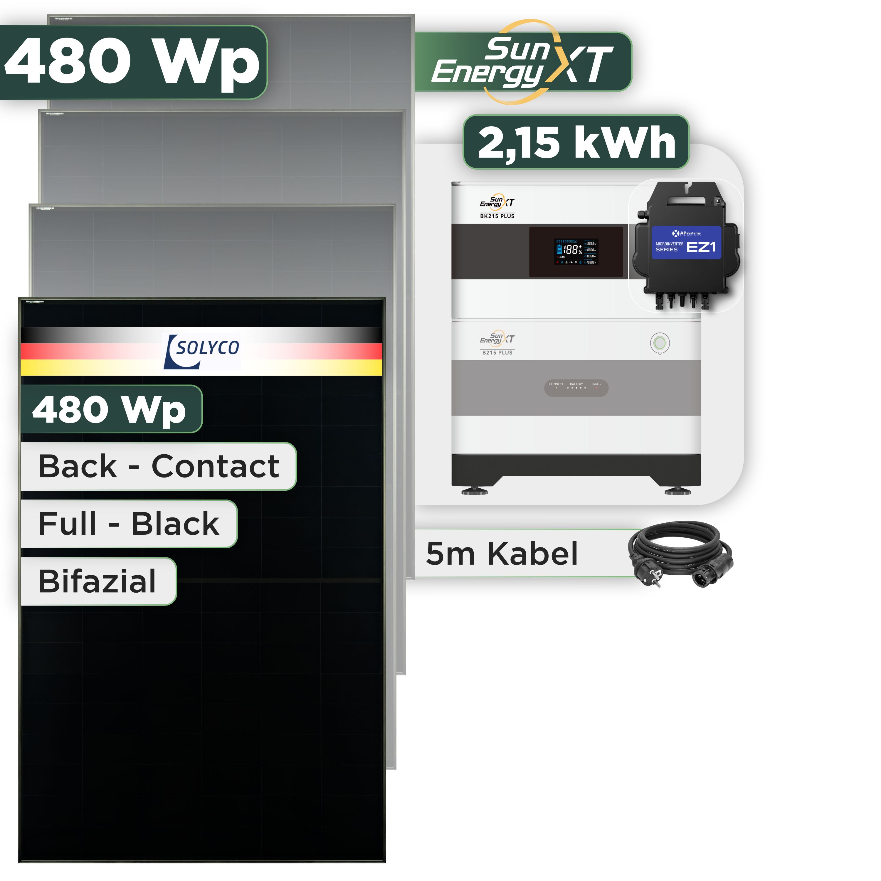 Balkonkraftwerk Set 480 Wp SunEnergyXT Plus / 2,15 kWh / Solyco 480 Wp Glas-Glas Fullblack Back Contact Modul / 1 Modul / APSystems EZ1-M (bis 800 W) / Schuko Stecker