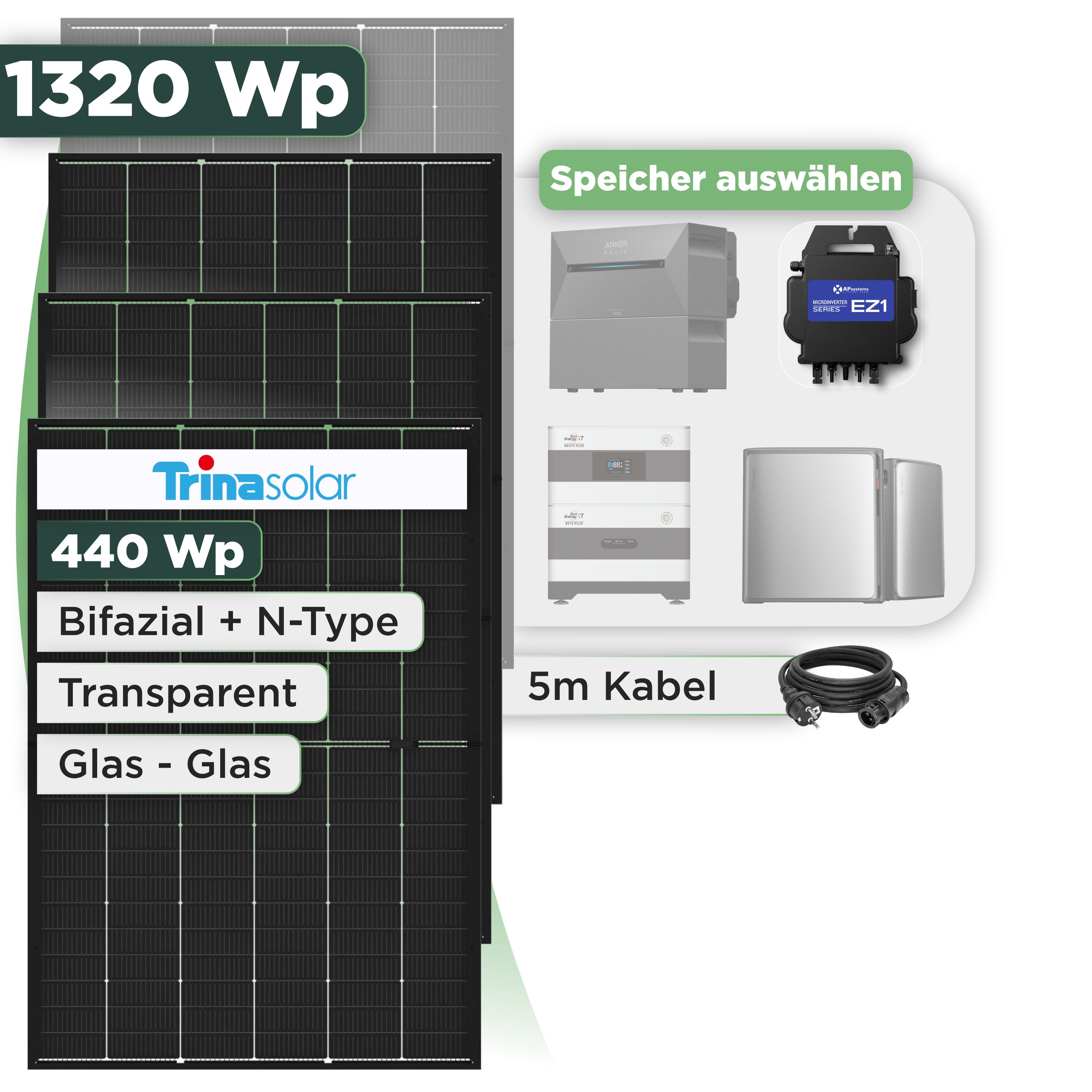 Balkonkraftwerk Set 1320 Wp Trina 440 Wp Glas-Glas Bifazial Modul / 3 Module / APSystems EZ1-M (bis 800 W) / Schuko Stecker