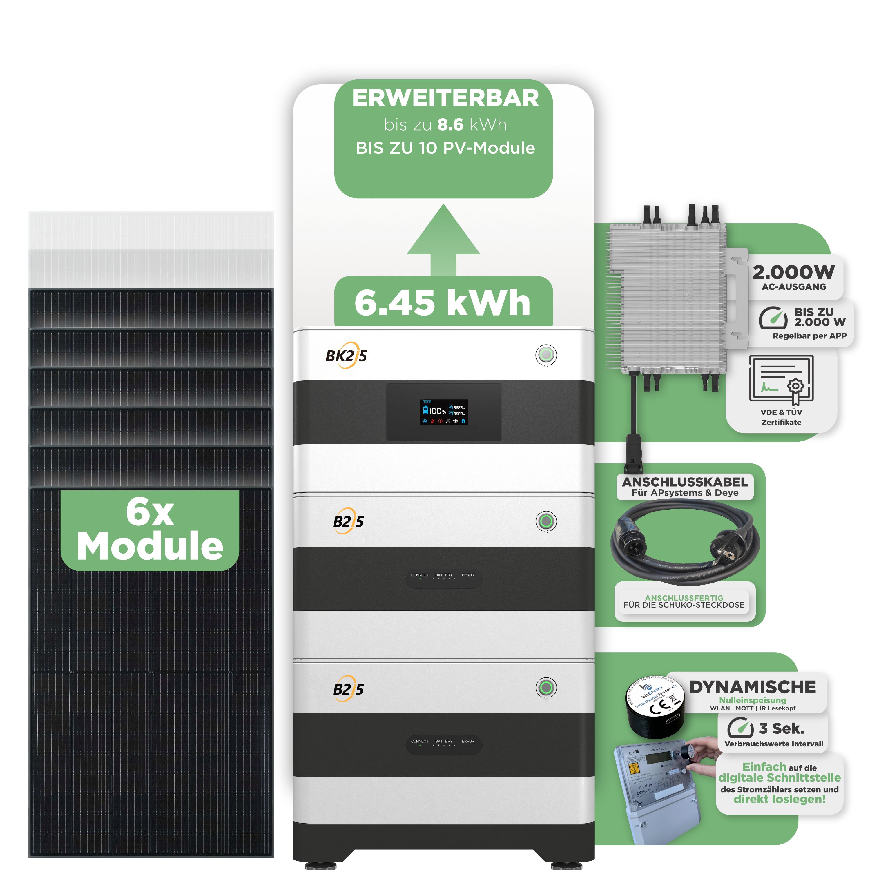 SunEnergyXT Balkonkraftwerkspeicher — 6.450 Wh / mit IR Lesekopf (bitshake) / 2000 W (Deye-SUN-M) / 20 m Schuko Kabel / 6 x Trina 440 Wp Bifazial