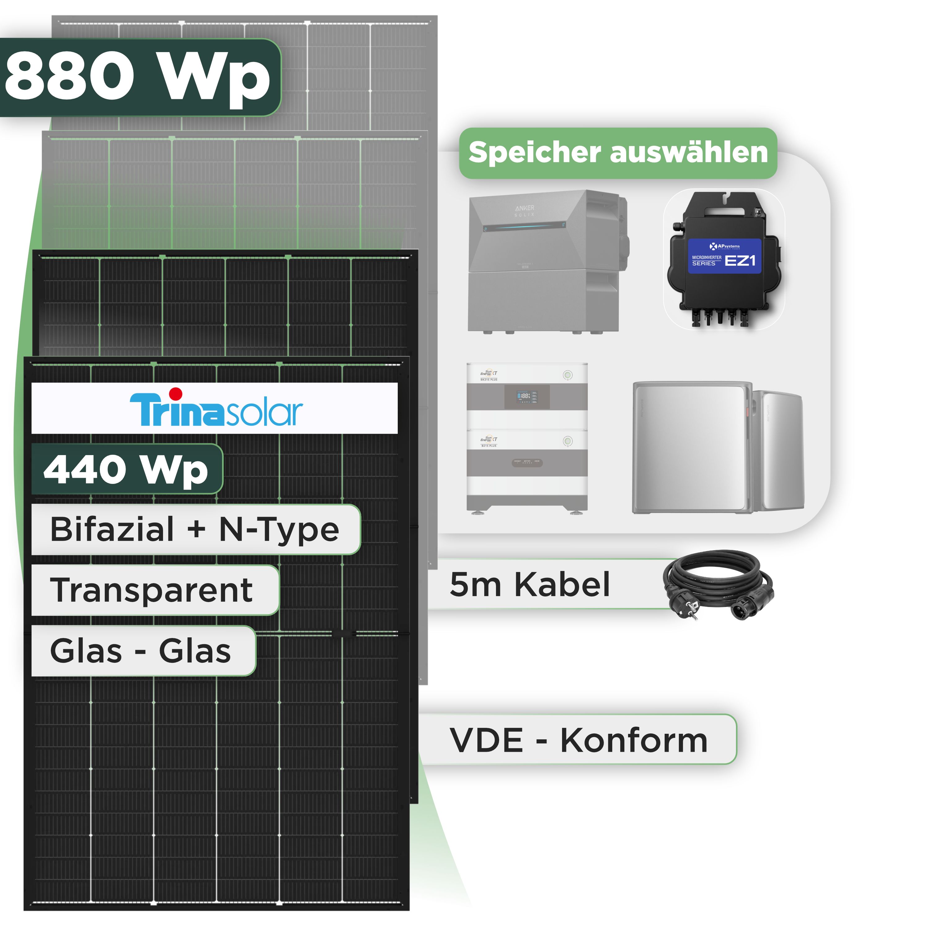 Balkonkraftwerk Set 880 Wp Trina 440 Wp Glas-Glas Bifazial Modul / 2 Module / APSystems EZ1-M (bis 800 W) / Schuko Stecker
