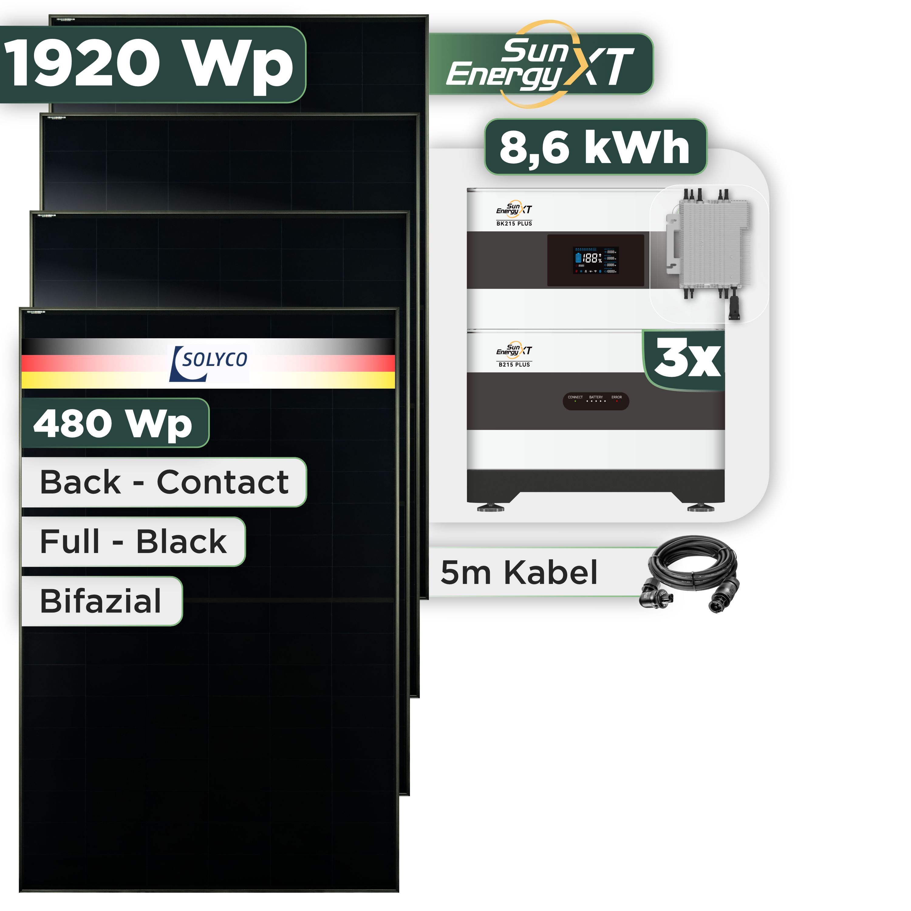 Balkonkraftwerk Set 1920 Wp SunEnergyXT Plus / 8,6 kWh / Solyco 480 Wp Glas-Glas Fullblack Back Contact Modul / 4 Module / Deye 2000 W / Wieland Stecker