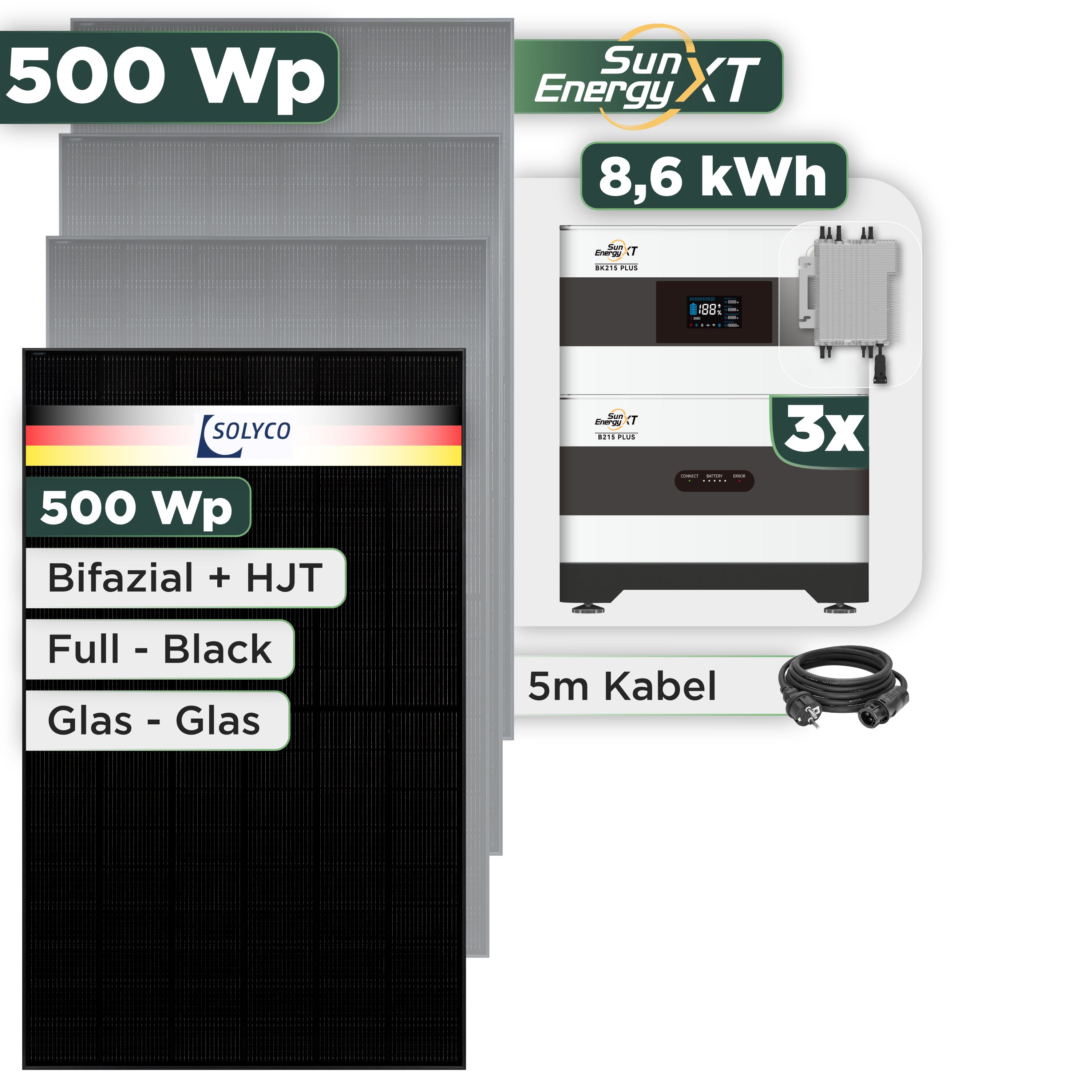 Balkonkraftwerk Set 500 Wp SunEnergyXT Plus / 8,6 kWh / Solyco 500 Wp Glas-Glas Fullblack-Modul Bifazial / 1 Modul / Deye 2000 W / Schuko Stecker