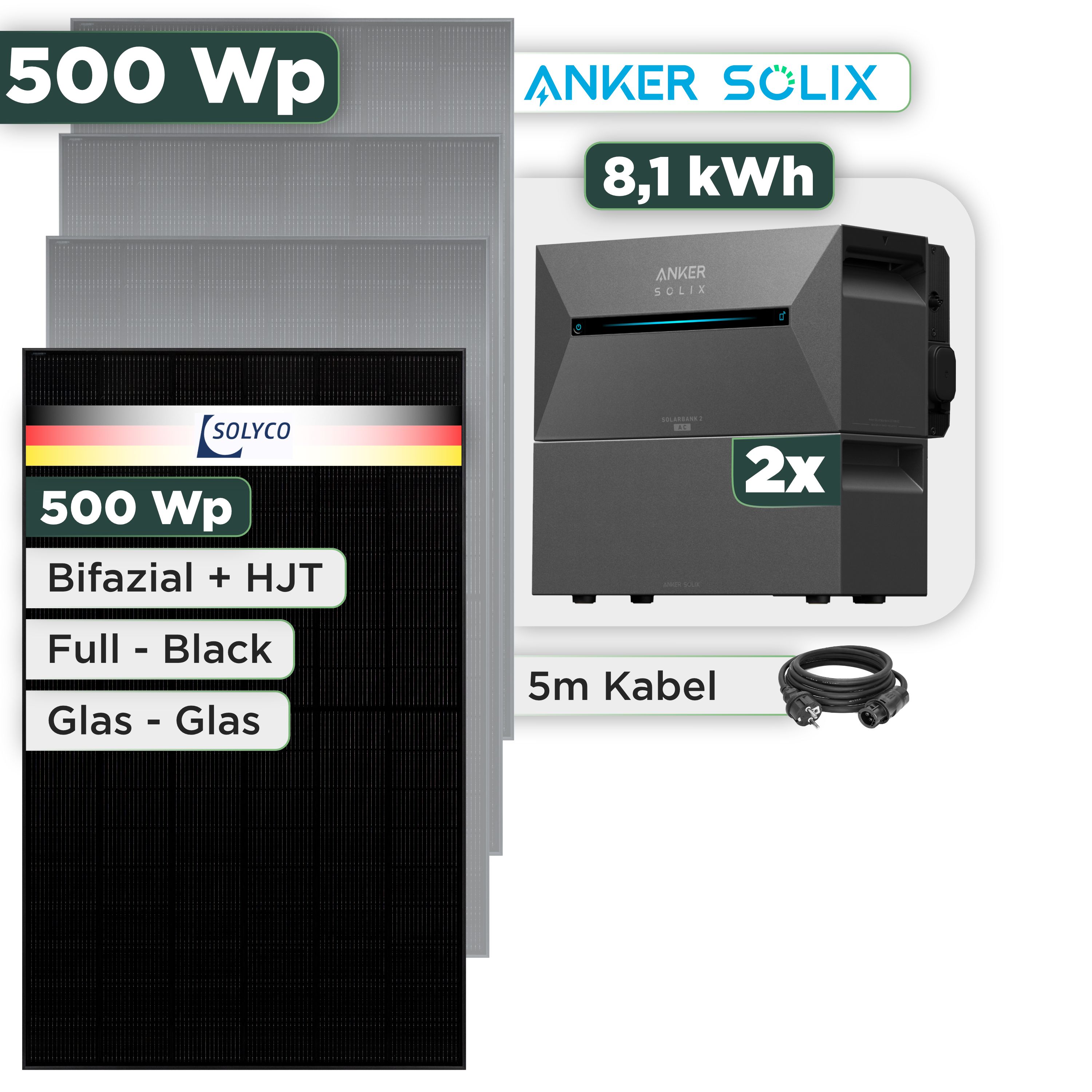 Balkonkraftwerk Set 500 Wp Anker Solarbank 3 Pro / 8,1 kWh / Solyco 500 Wp Glas-Glas Fullblack-Modul Bifazial / 1 Modul / Schuko Stecker / 3 m