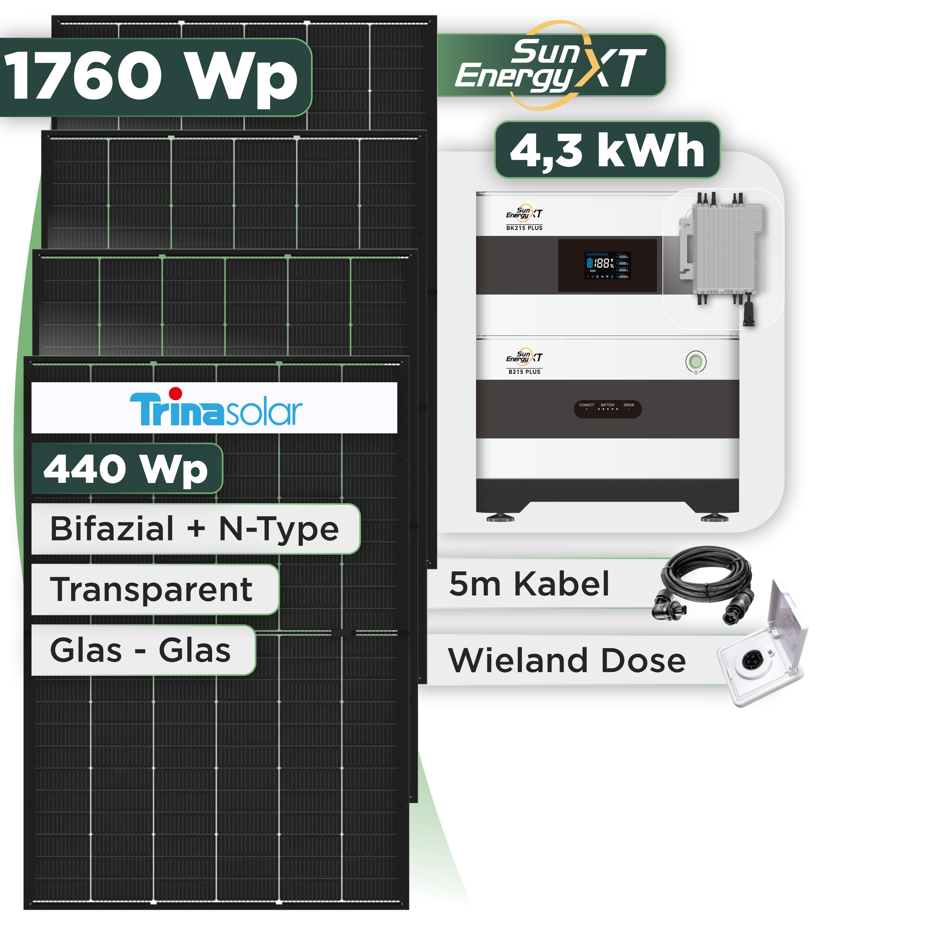 Balkonkraftwerk Set 1760 Wp SunEnergyXT Plus / 4,3 kWh / Trina 440 Wp Glas-Glas Bifazial Modul / 4 Module / Deye 2000 W / Wieland Stecker + Dose