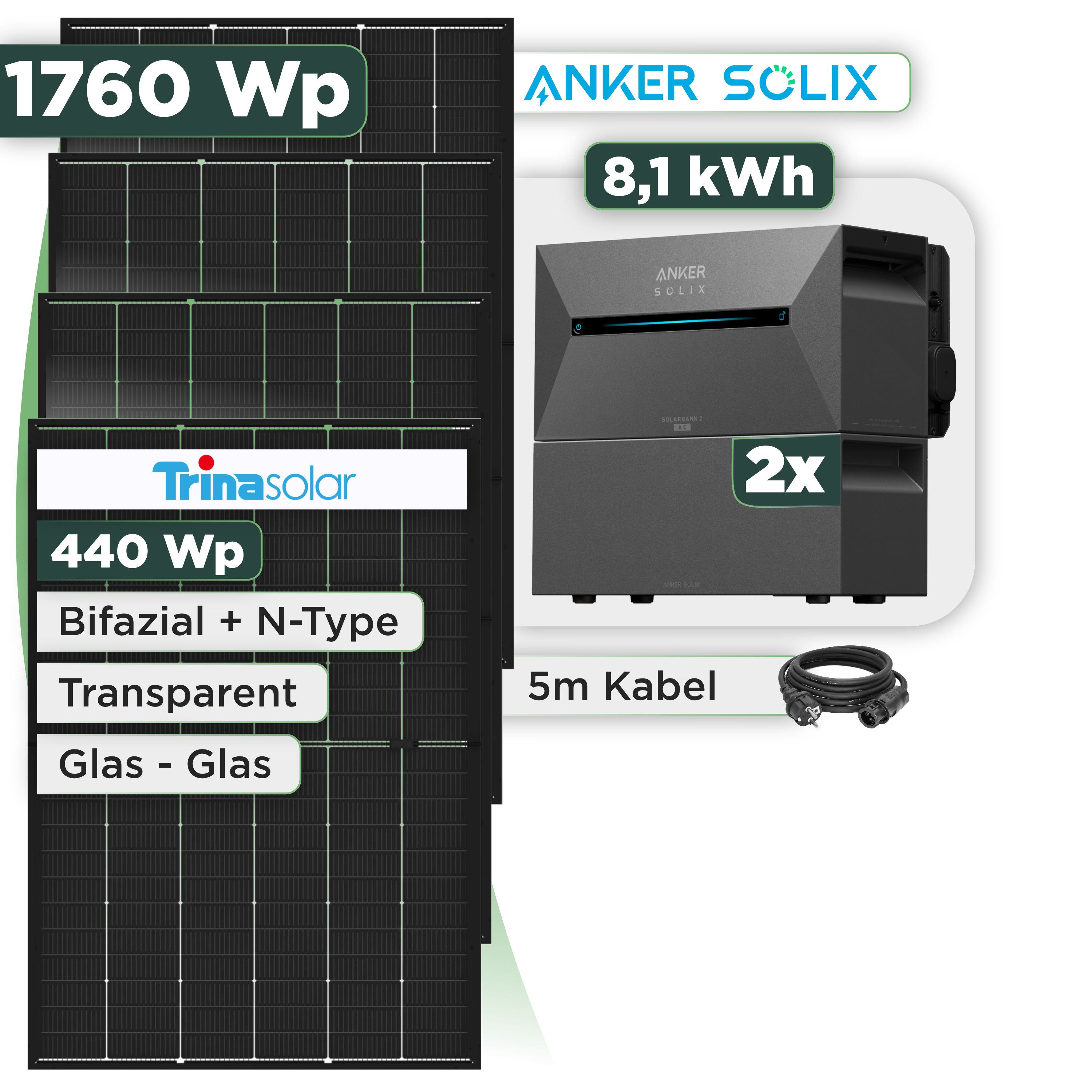 Balkonkraftwerk Set 1760 Wp Anker Solarbank 3 Pro / 8,1 kWh / Trina 440 Wp Glas-Glas Bifazial Modul / 4 Module / Schuko Stecker / 3 m