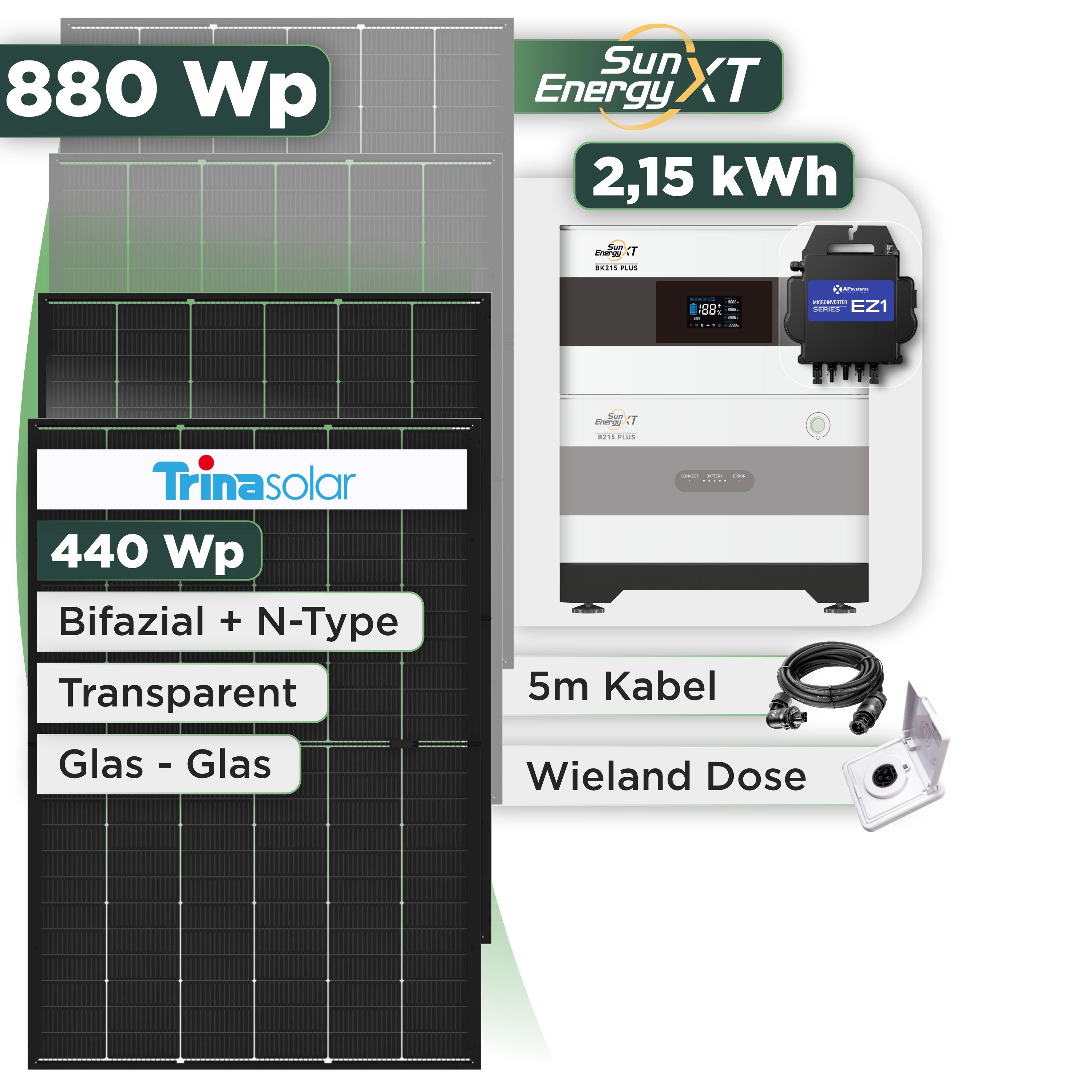 Balkonkraftwerk Set 880 Wp SunEnergyXT Plus / 2,15 kWh / Trina 440 Wp Glas-Glas Bifazial Modul / 2 Module / APSystems EZ1-M (bis 800 W) / Wieland Stecker + Dose
