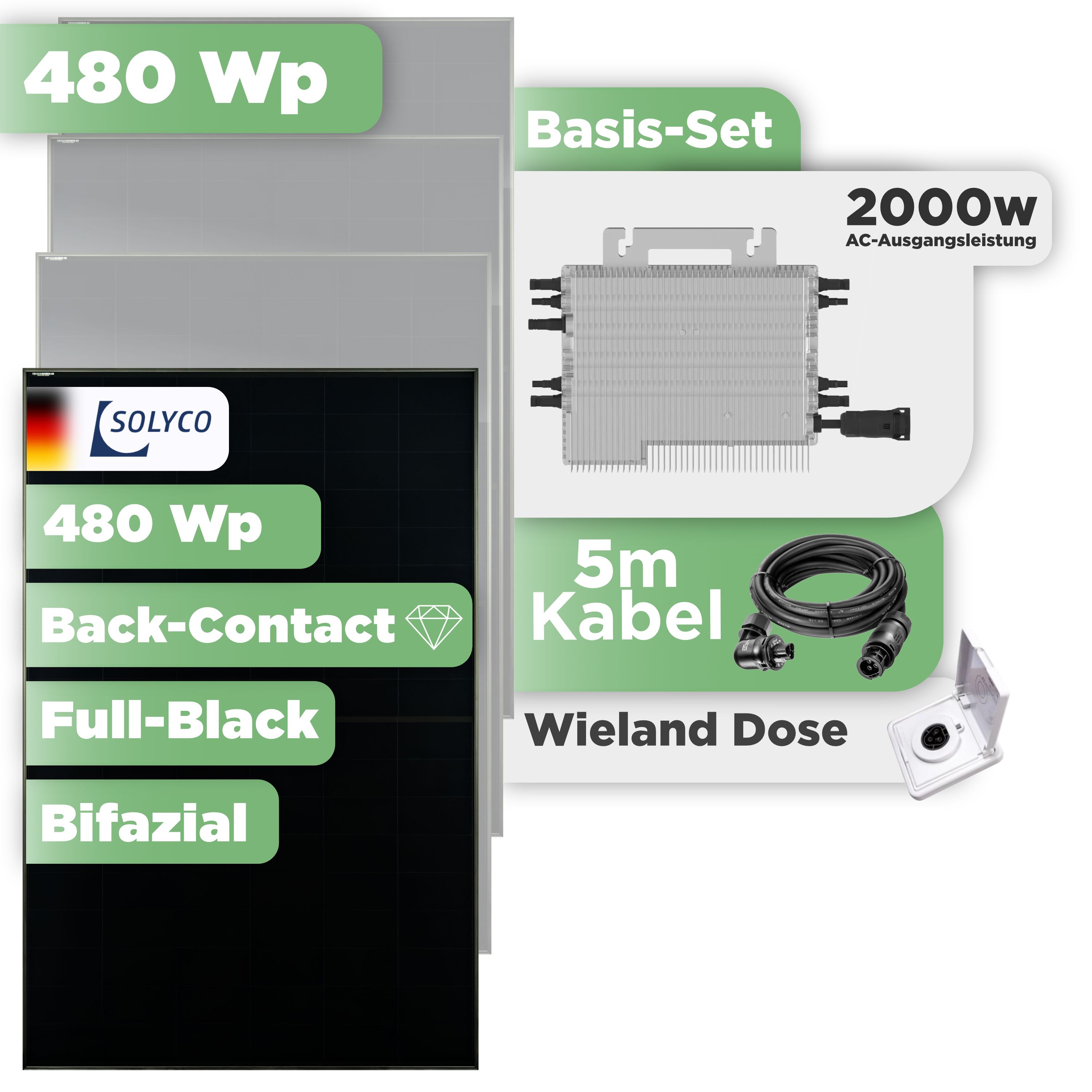 Balkonkraftwerk Basic Set 480 Wp Solyco 480 Wp Glas-Glas Fullblack Back Contact Modul / 1 Modul / Deye 2000 W / Wieland Stecker + Dose
