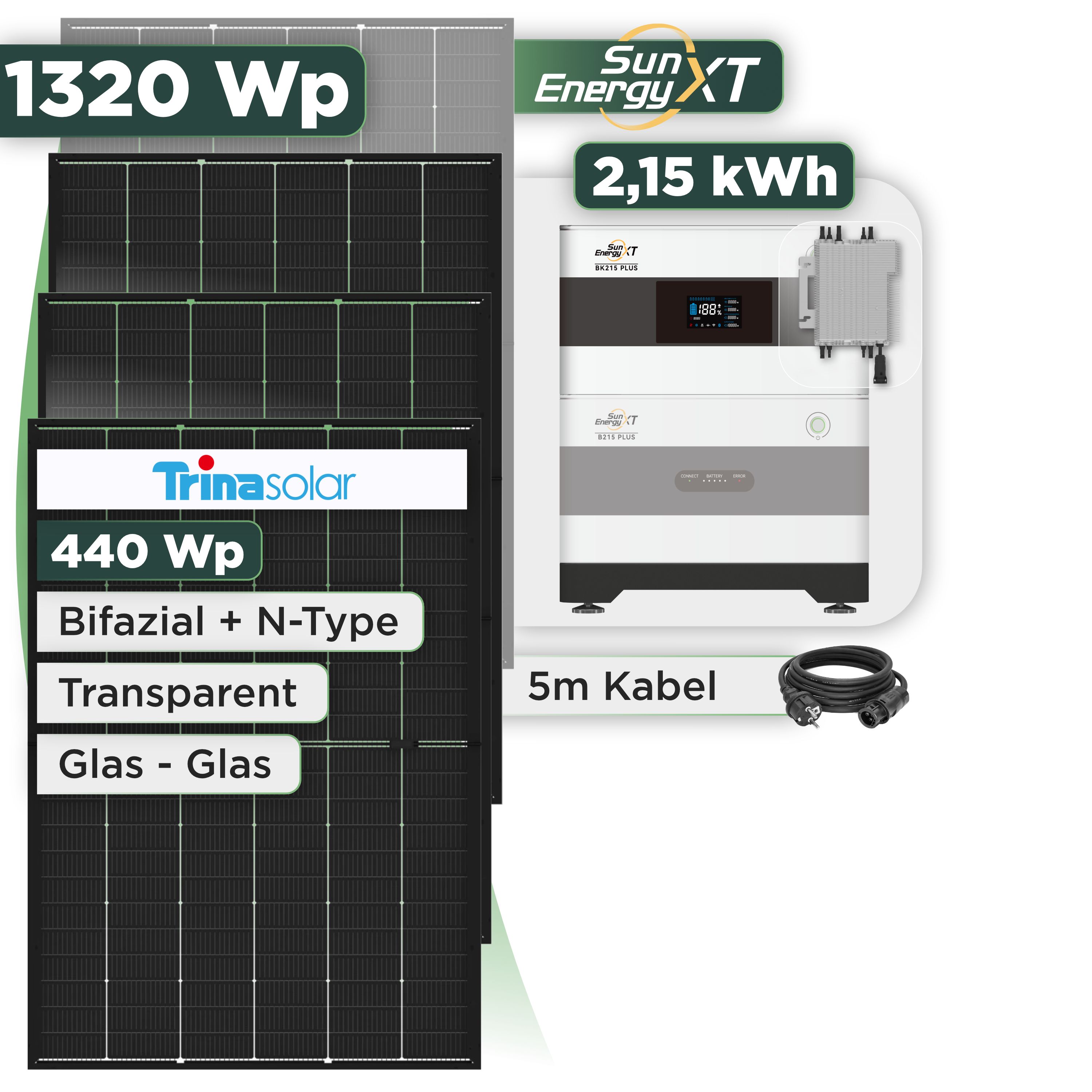 Balkonkraftwerk Set 1320 Wp SunEnergyXT Plus / 2,15 kWh / Trina 440 Wp Glas-Glas Bifazial Modul / 3 Module / Deye 2000 W / Schuko Stecker