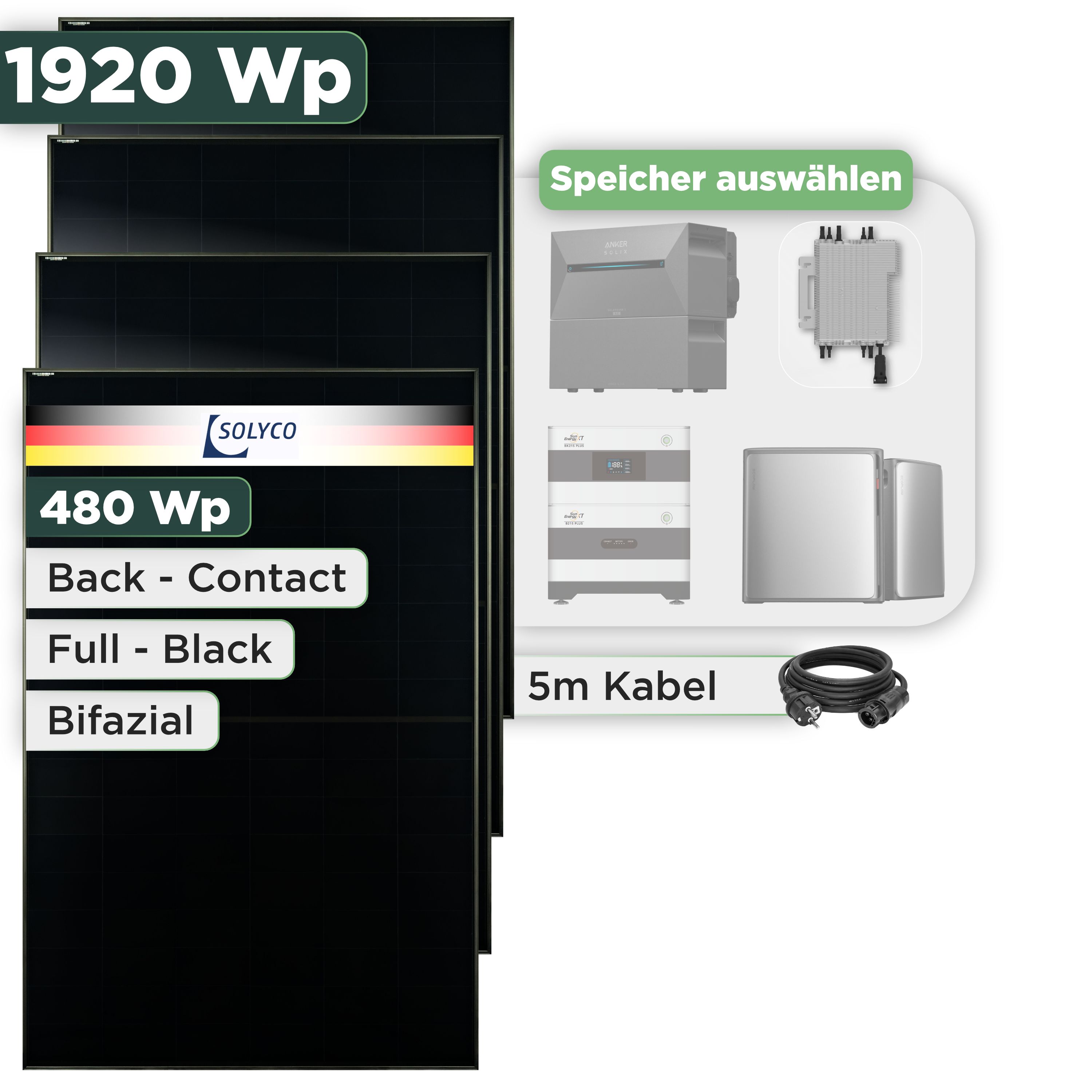 Balkonkraftwerk Set 1920 Wp Solyco 480 Wp Glas-Glas Fullblack Back Contact Modul / 4 Module / Deye 2000 W / Schuko Stecker