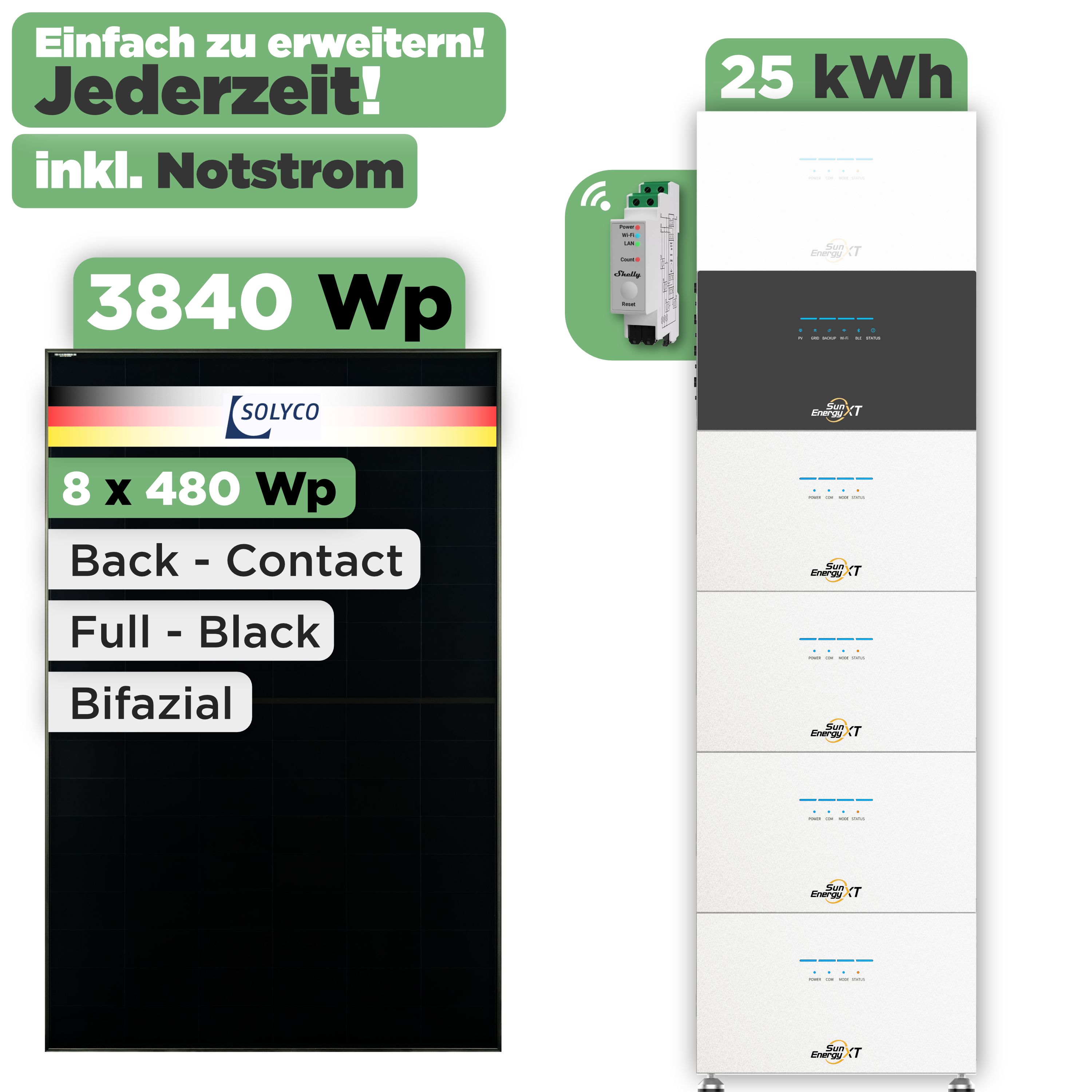 SunEnergyXT 500 Modulset 3840 Wp SunEnergyXT 500 Pro (2400 W) / 25 kWh / Shelly 3EM Pro / Solyco 480 Wp / 8 Module