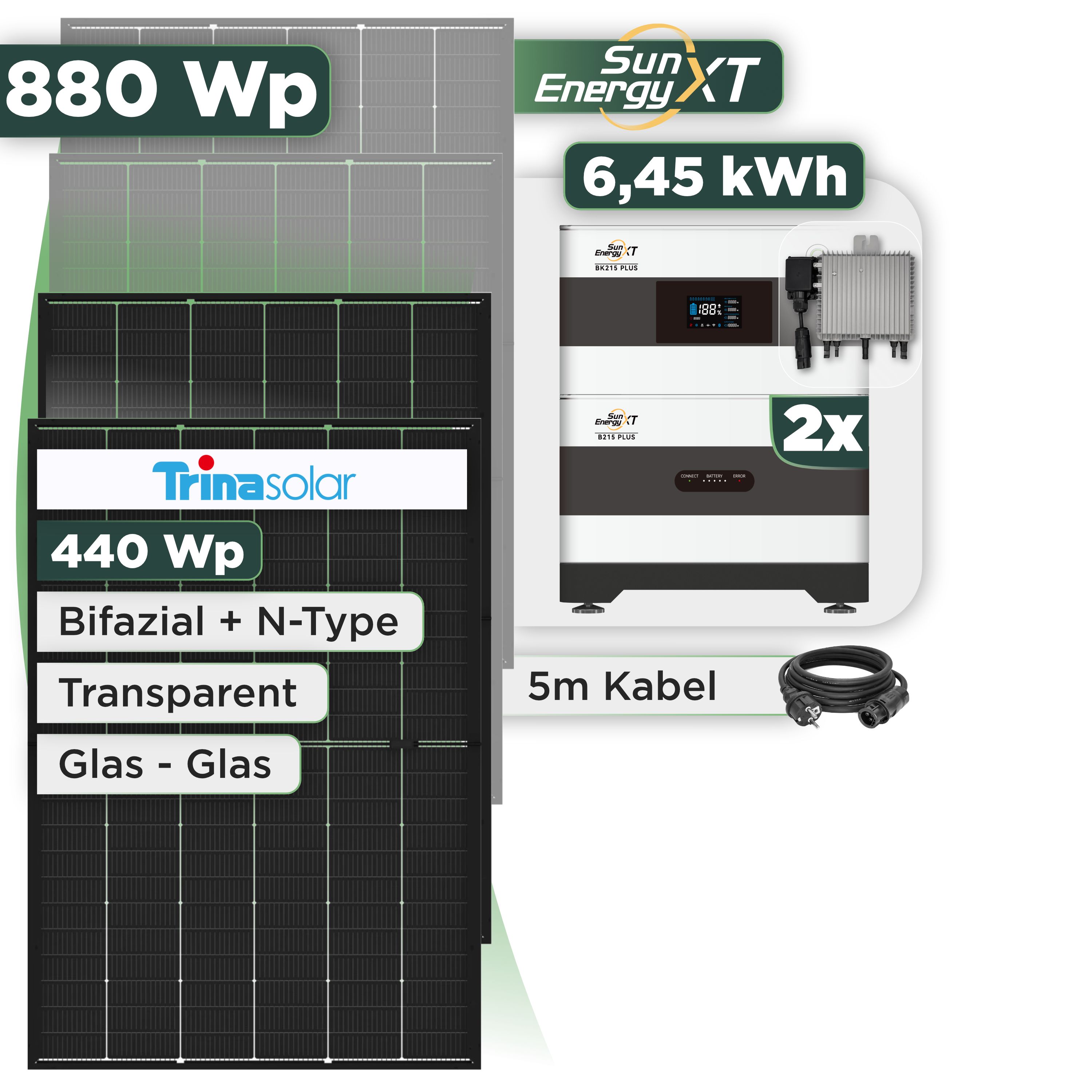 Balkonkraftwerk Set 880 Wp SunEnergyXT Plus / 6,45 kWh / Trina 440 Wp Glas-Glas Bifazial Modul / 2 Module / Deye 800 W / Schuko Stecker