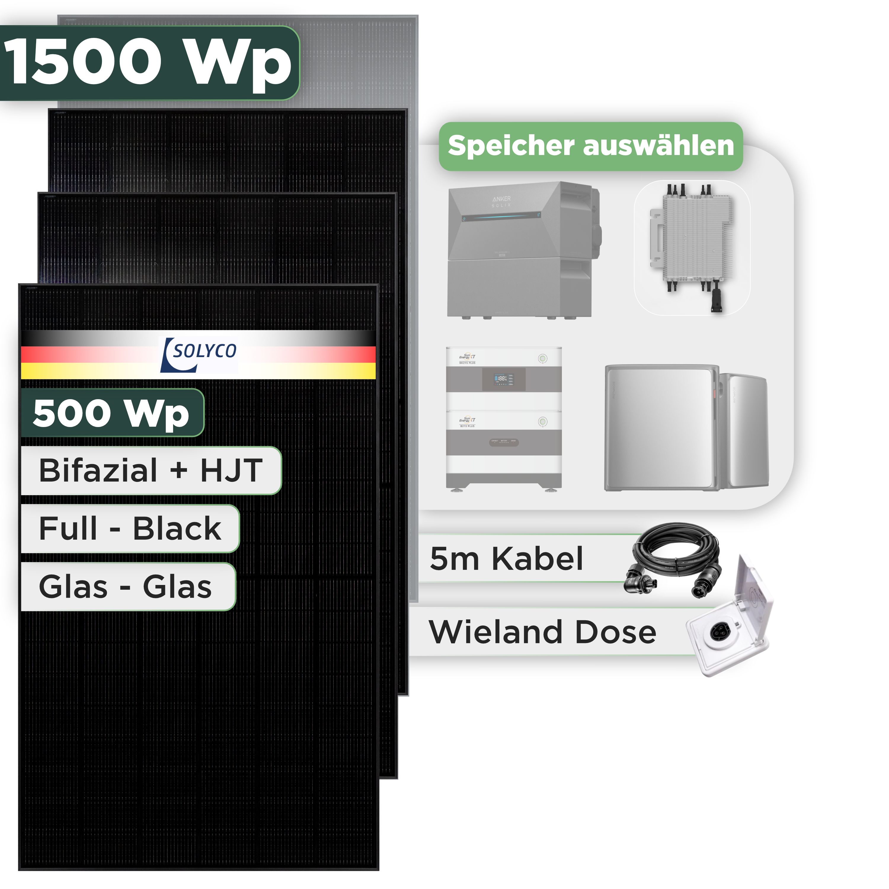 Balkonkraftwerk Set 1500 Wp Solyco 500 Wp Glas-Glas Fullblack-Modul Bifazial / 3 Module / Deye 2000 W / Wieland Stecker + Dose