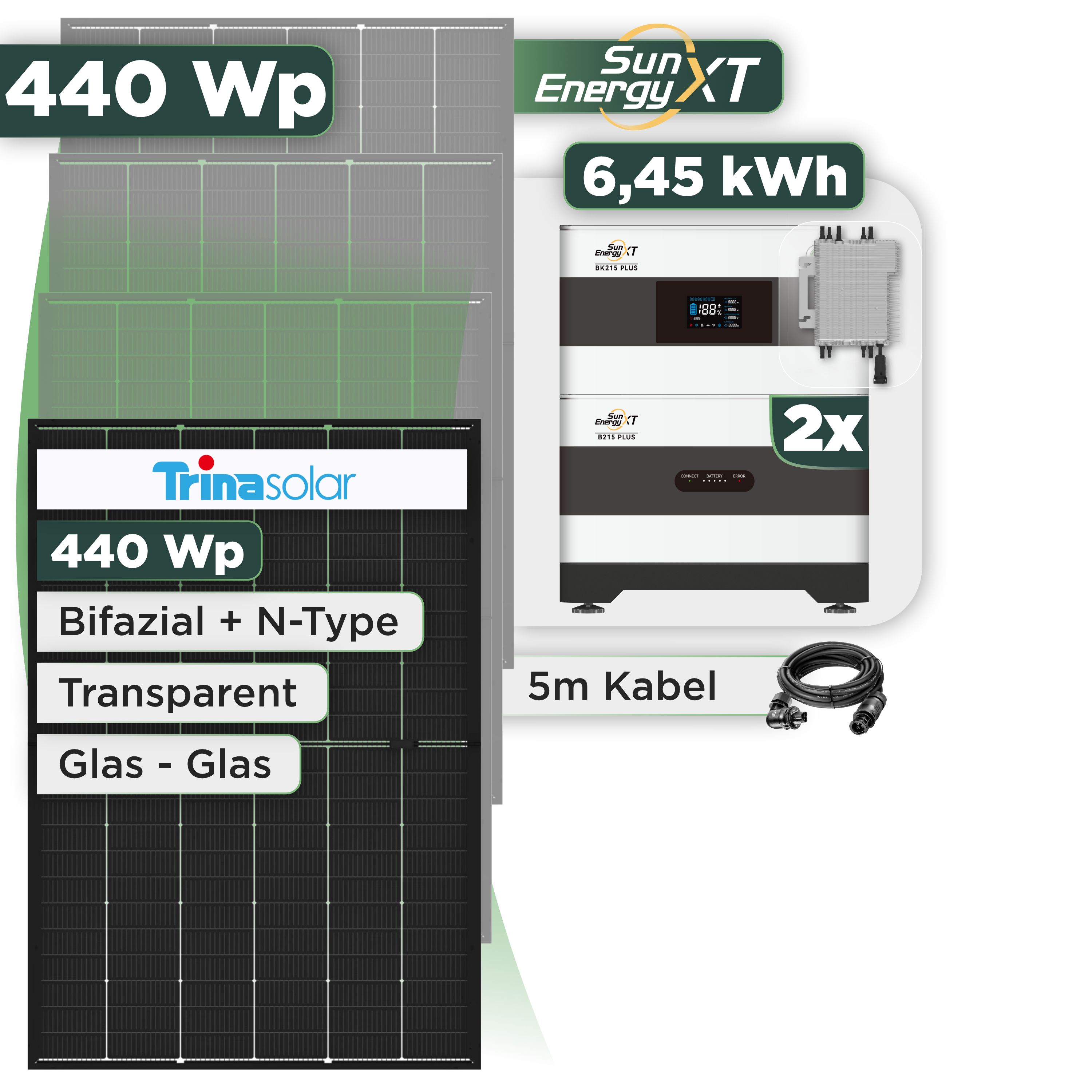 Balkonkraftwerk Set 440 Wp SunEnergyXT Plus / 6,45 kWh / Trina 440 Wp Glas-Glas Bifazial Modul / 1 Modul / Deye 2000 W / Wieland Stecker