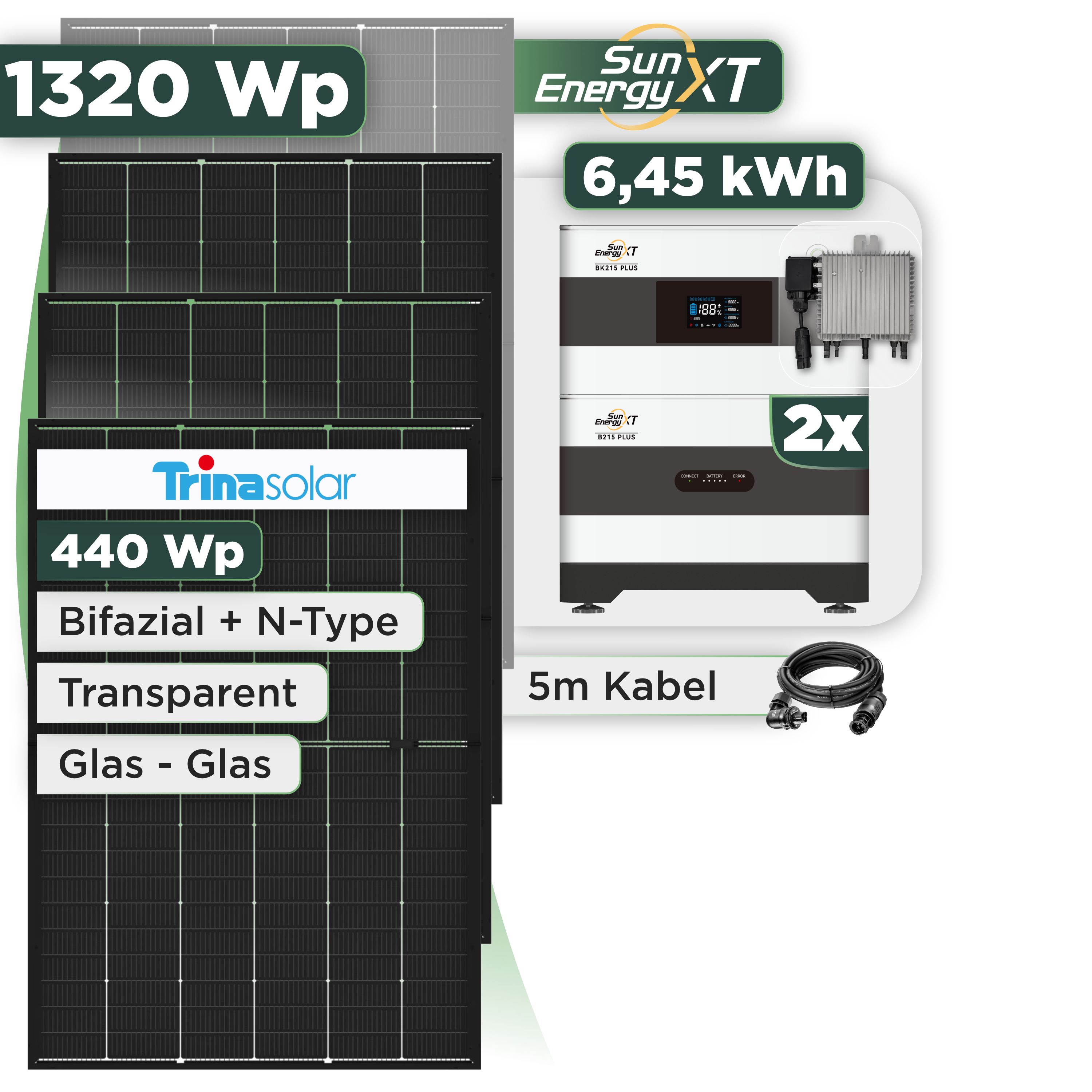 Balkonkraftwerk Set 1320 Wp SunEnergyXT Plus / 6,45 kWh / Trina 440 Wp Glas-Glas Bifazial Modul / 3 Module / Deye 800 W / Wieland Stecker