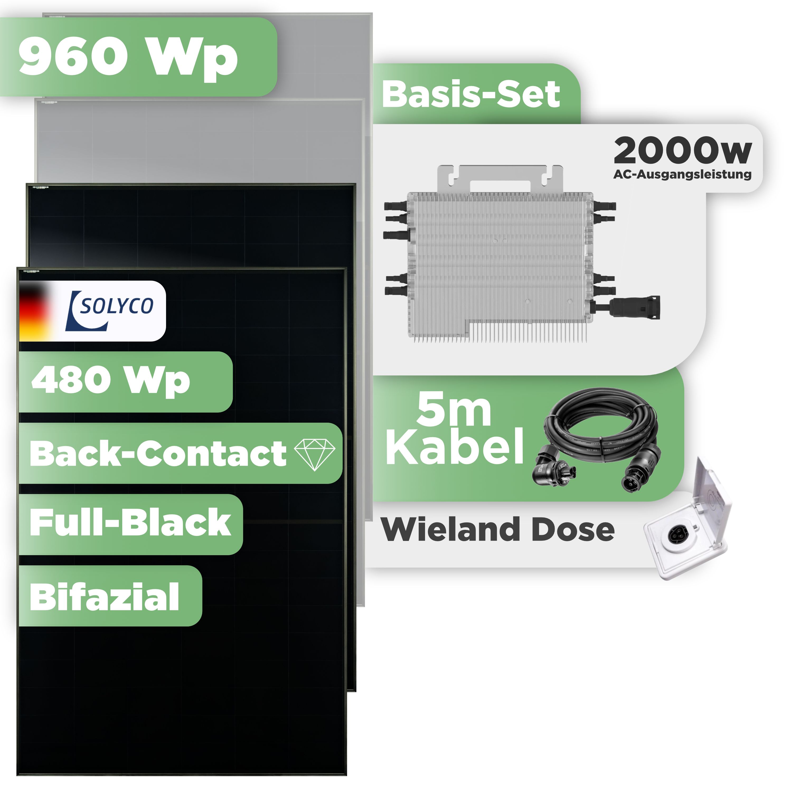 Balkonkraftwerk Basic Set 960 Wp Solyco 480 Wp Glas-Glas Fullblack Back Contact Modul / 2 Module / Deye 2000 W / Wieland Stecker + Dose