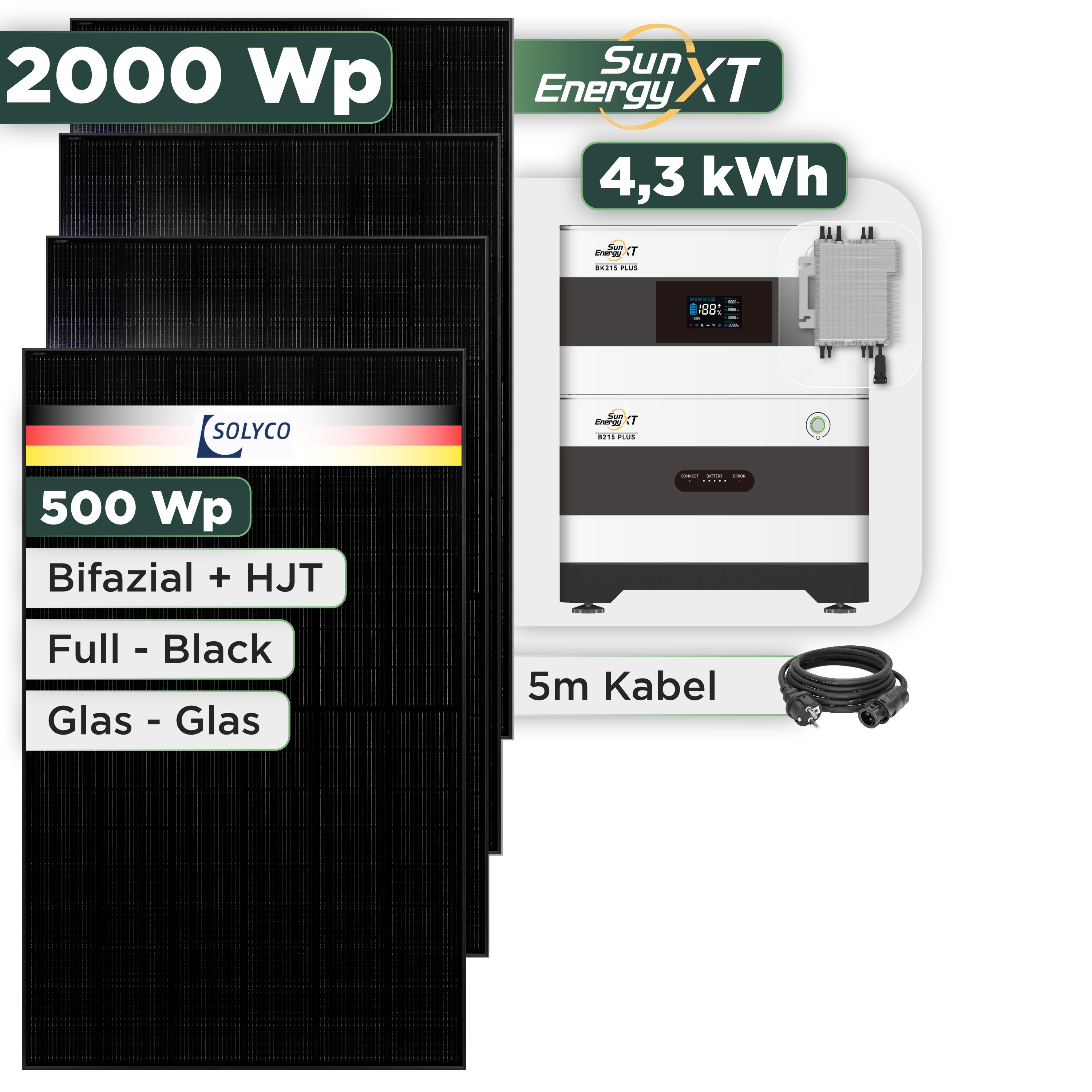 Balkonkraftwerk Set 2000 Wp SunEnergyXT Plus / 4,3 kWh / Solyco 500 Wp Glas-Glas Fullblack-Modul Bifazial / 4 Module / Deye 2000 W / Schuko Stecker
