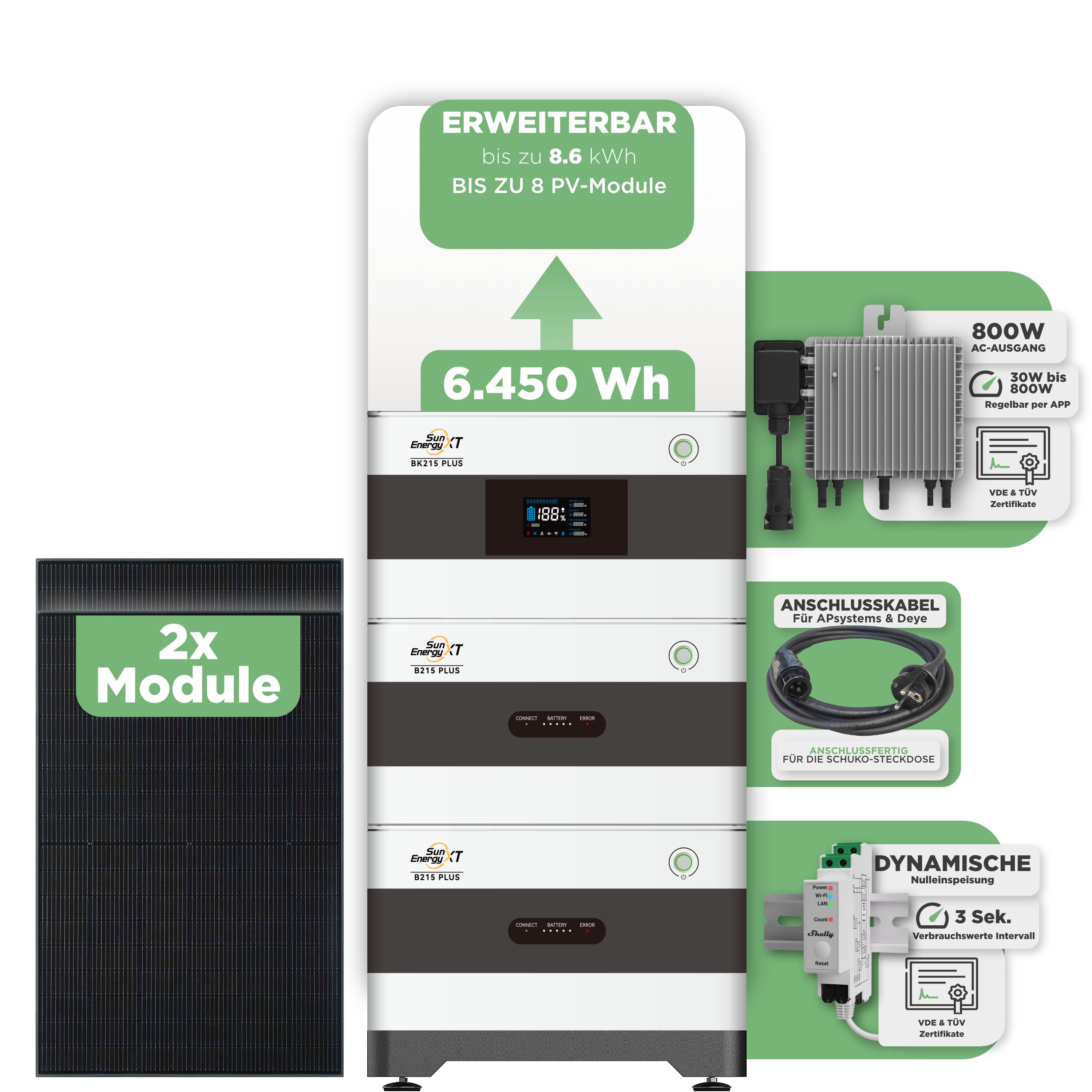 SunEnergyXT BK215 Plus Balkonkraftwerkspeicher 6.450 Wh / mit Shelly 3EM Pro / 800 W (Deye-SUN-M) / 15 m Schuko Kabel
