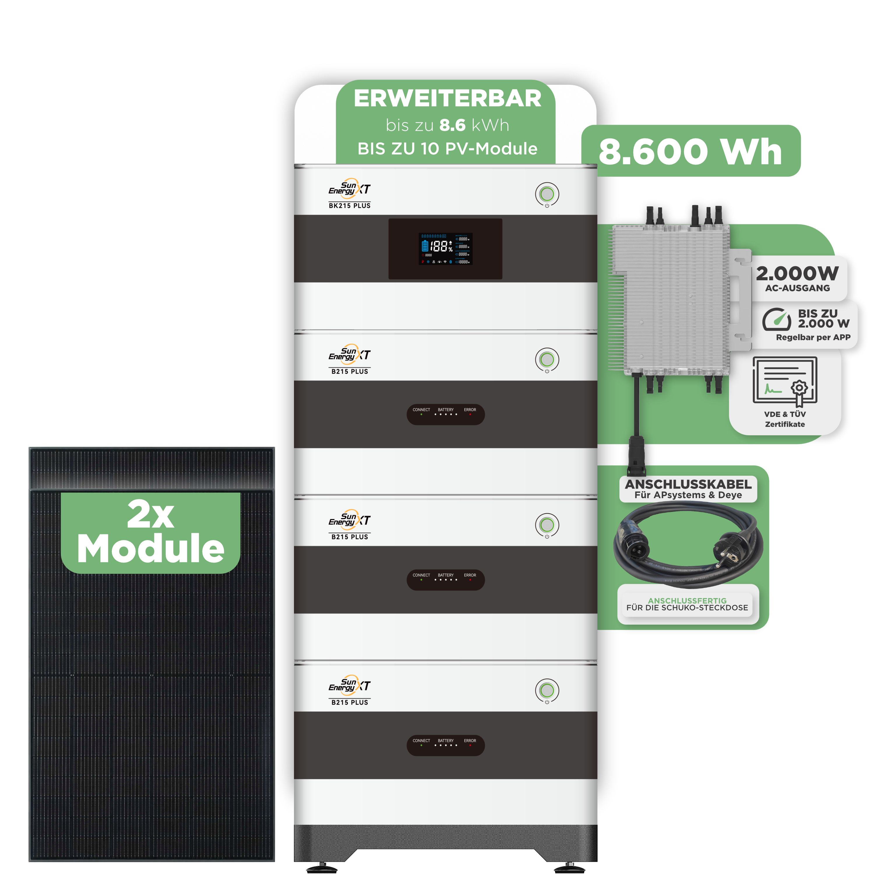 SunEnergyXT Balkonkraftwerkspeicher — 8.600 Wh / 2000 W (Deye-SUN-M) / 5 m Schuko Kabel / 2 x Trina 440 Wp Bifazial