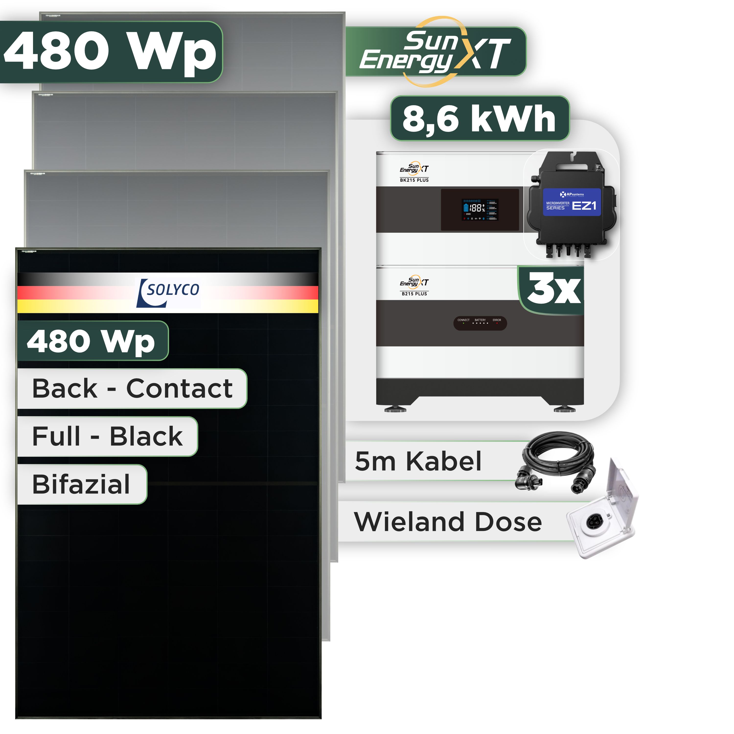 Balkonkraftwerk Set 480 Wp SunEnergyXT Plus / 8,6 kWh / Solyco 480 Wp Glas-Glas Fullblack Back Contact Modul / 1 Modul / APSystems EZ1-M (bis 800 W) / Wieland Stecker + Dose