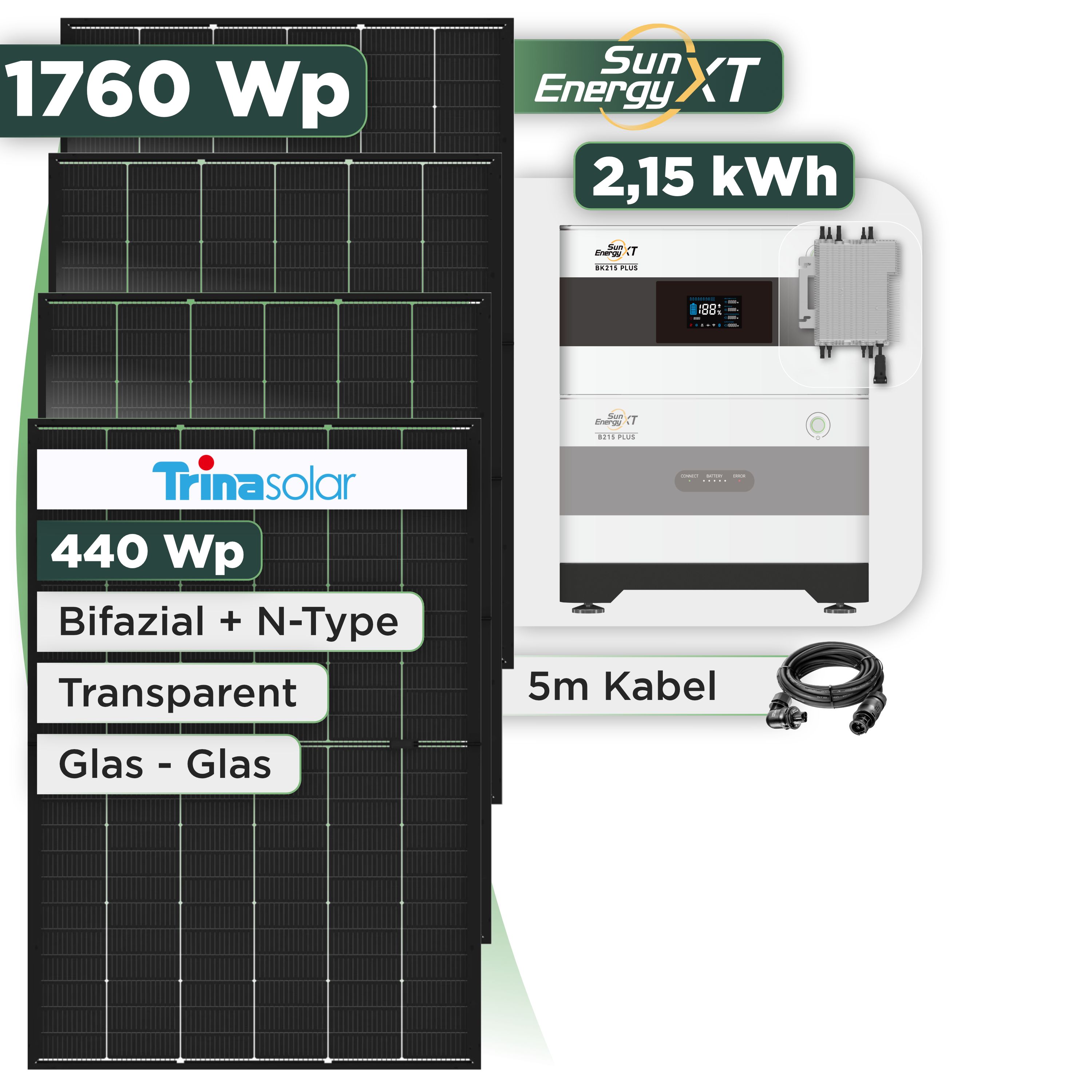 Balkonkraftwerk Set 1760 Wp SunEnergyXT Plus / 2,15 kWh / Trina 440 Wp Glas-Glas Bifazial Modul / 4 Module / Deye 2000 W / Wieland Stecker