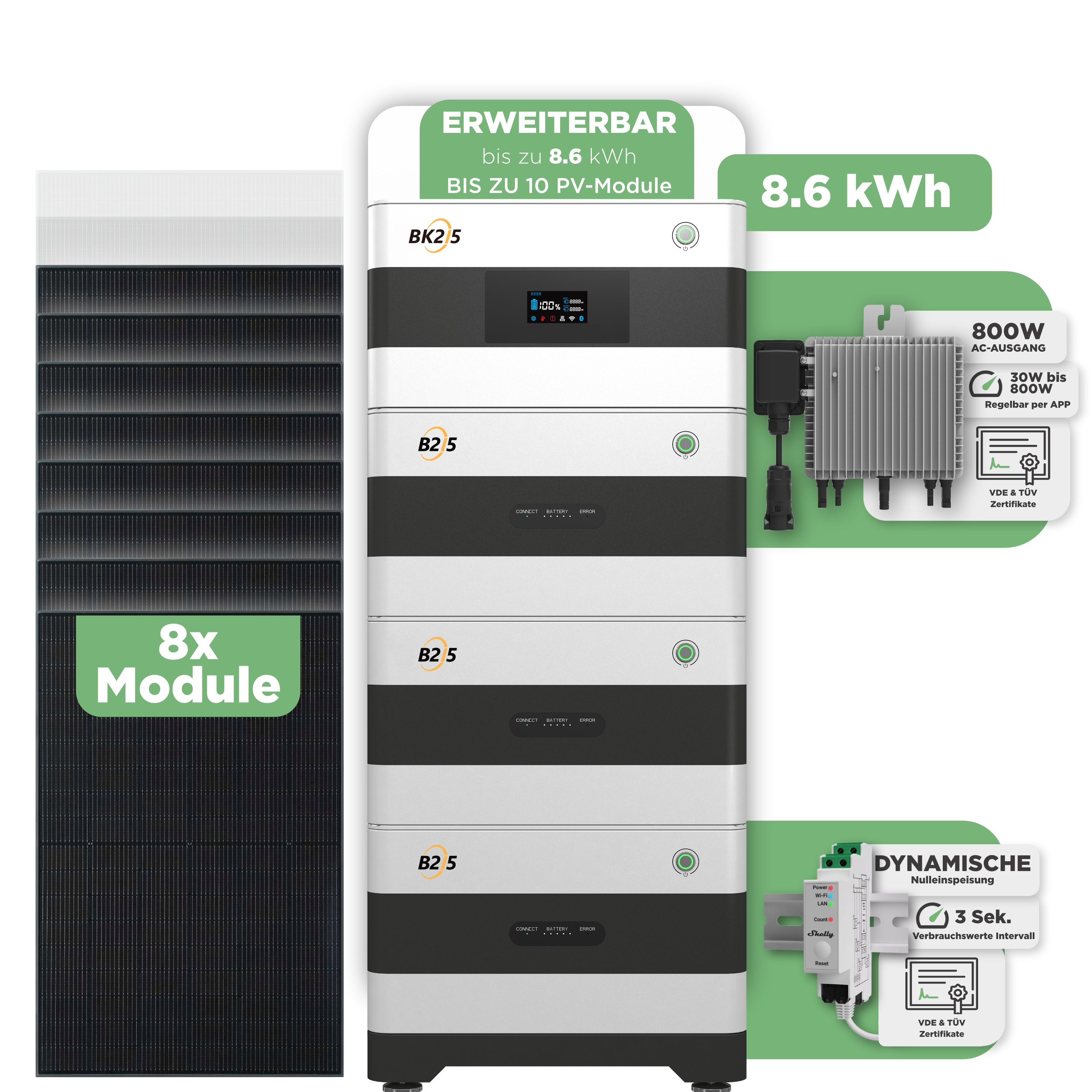 SunEnergyXT Balkonkraftwerkspeicher — 8.600 Wh / mit Shelly 3EM Pro / 800 W (Deye-SUN-M) / 8 x Trina 440 Wp Bifazial