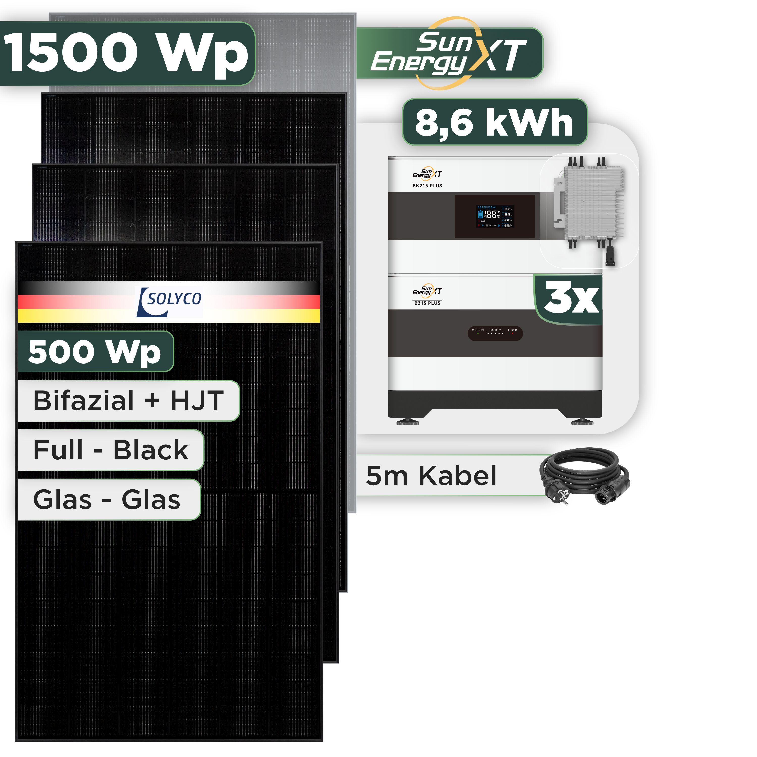 Balkonkraftwerk Set 1500 Wp SunEnergyXT Plus / 8,6 kWh / Solyco 500 Wp Glas-Glas Fullblack-Modul Bifazial / 3 Module / Deye 2000 W / Schuko Stecker