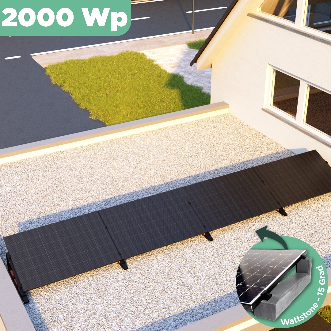 Balkonkraftwerk Flachdach 2000 Wp — APsystems EZ1-M 800 W / Trina Solar / 500 Wp (Glas-Glas Full Black) / Premium - Wattstone Black 15°  / eine Reihe quer / 4 Module / 20 m