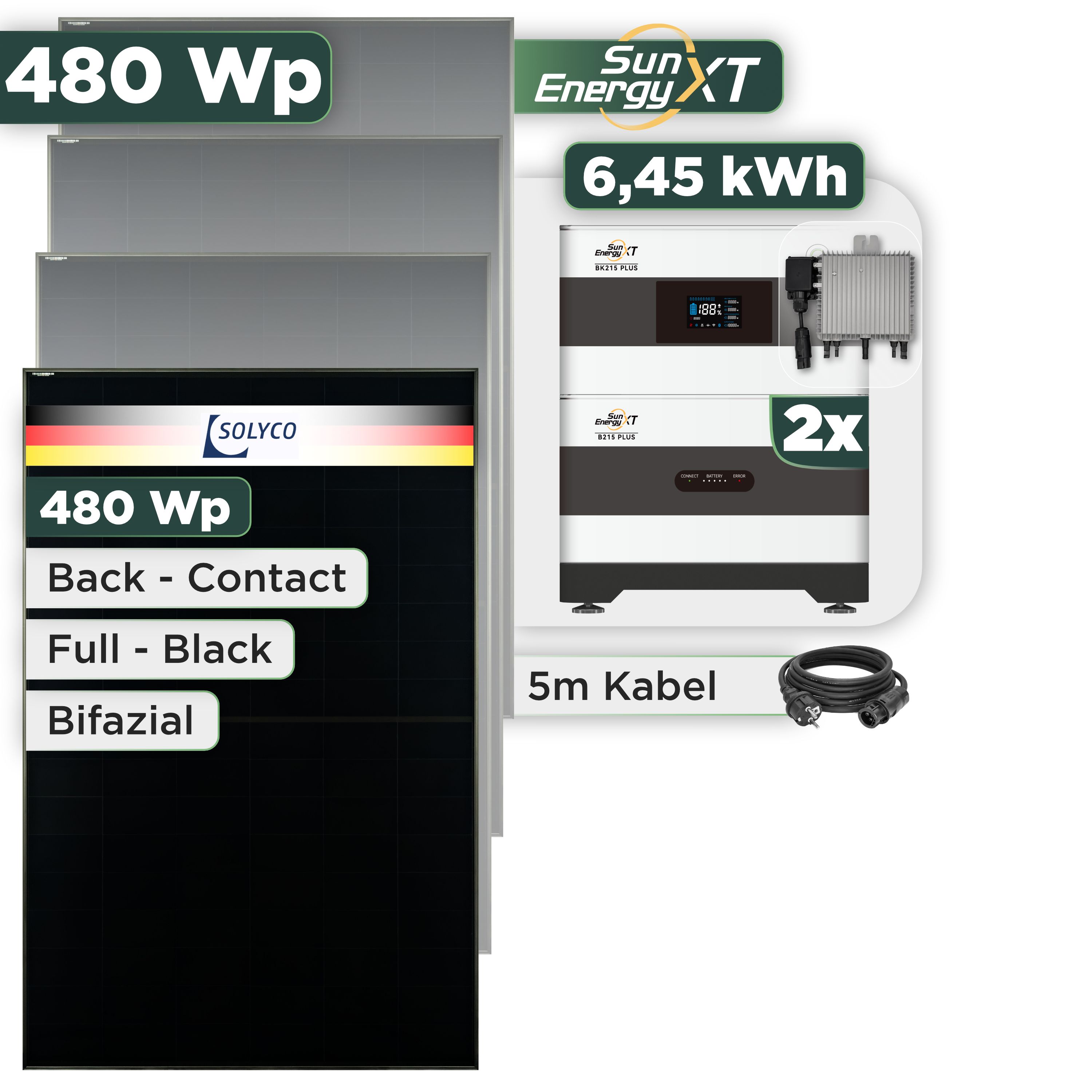 Balkonkraftwerk Set 480 Wp SunEnergyXT Plus / 6,45 kWh / Solyco 480 Wp Glas-Glas Fullblack Back Contact Modul / 1 Modul / Deye 800 W / Schuko Stecker