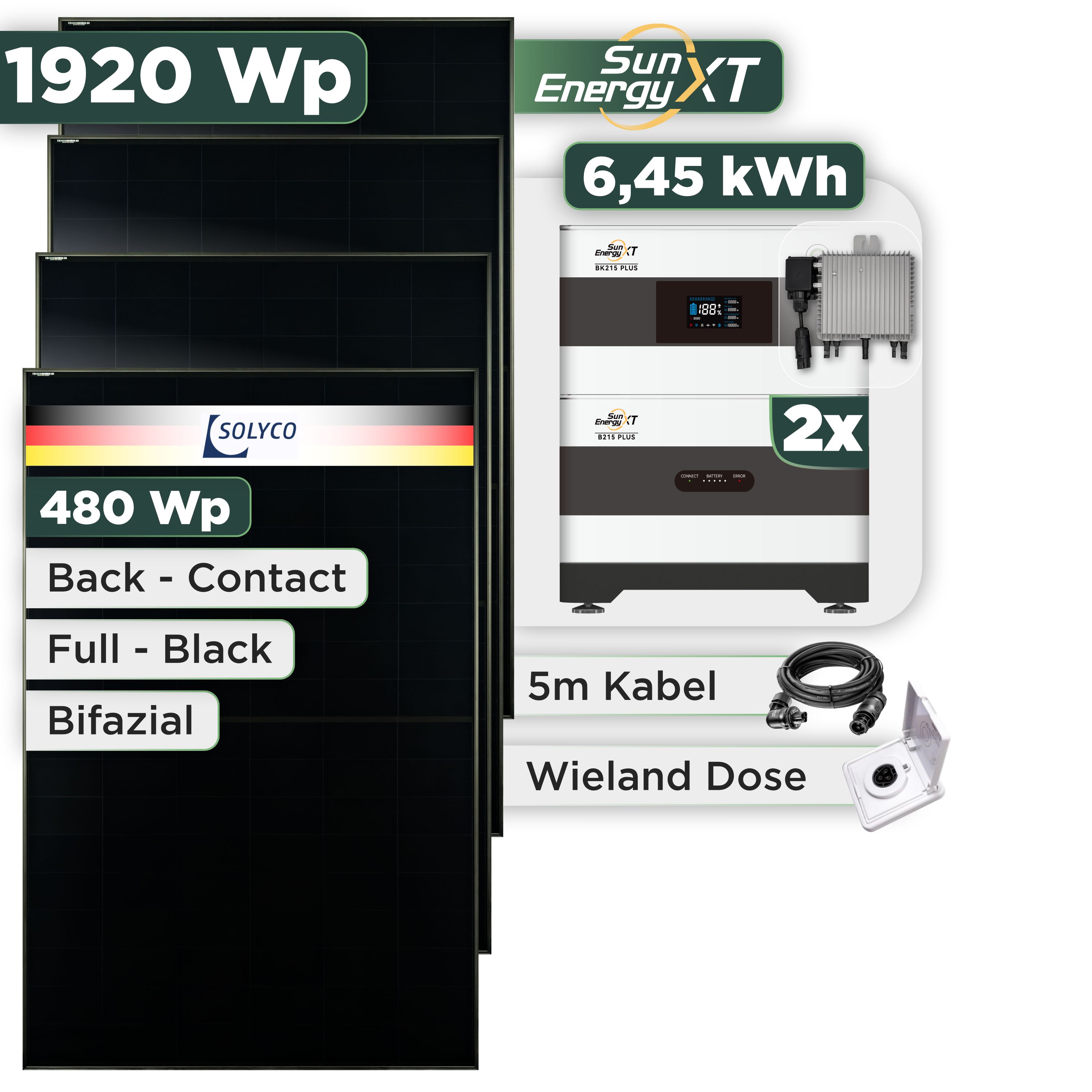 Balkonkraftwerk Set 1920 Wp SunEnergyXT Plus / 6,45 kWh / Solyco 480 Wp Glas-Glas Fullblack Back Contact Modul / 4 Module / Deye 800 W / Wieland Stecker + Dose