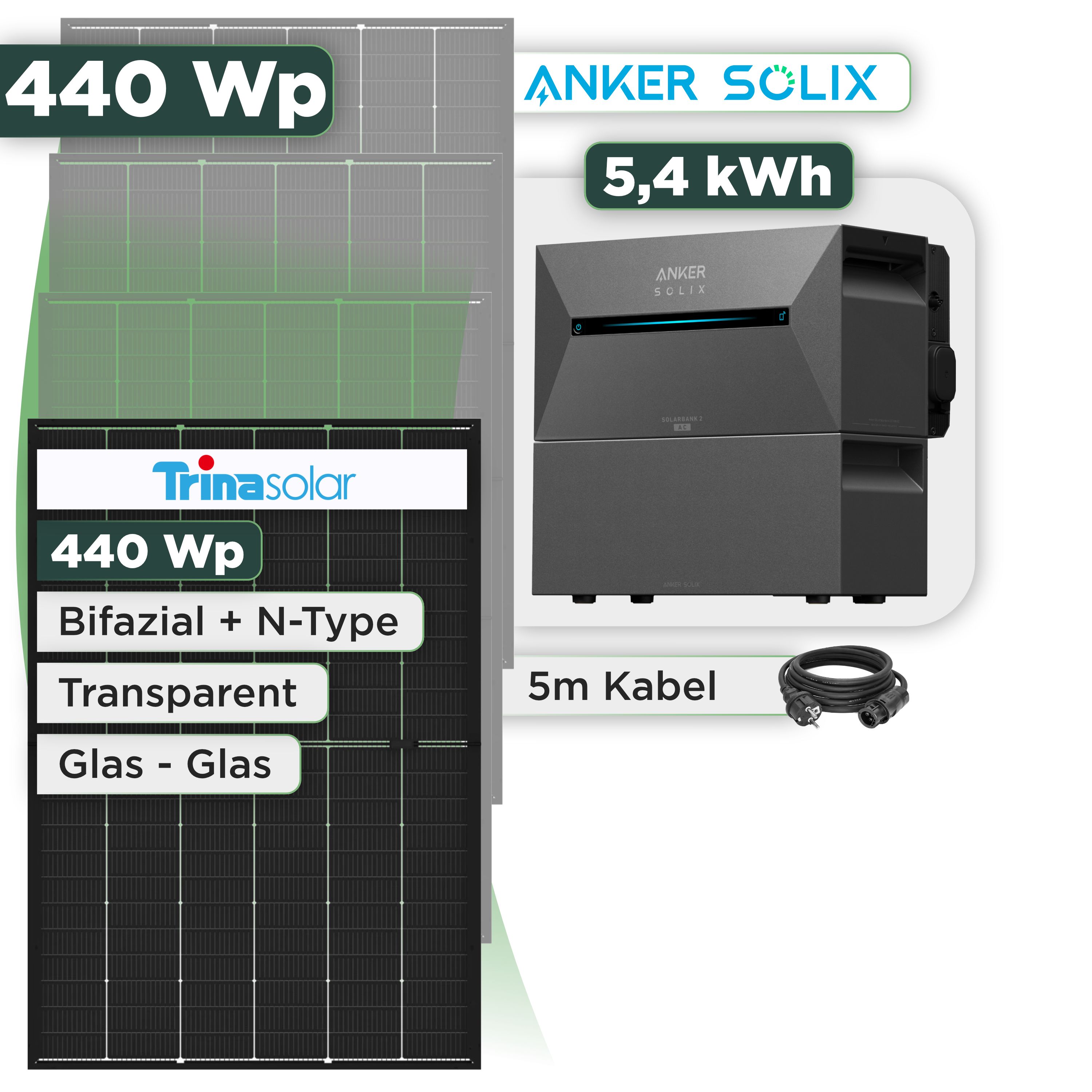 Balkonkraftwerk Set 440 Wp Anker Solarbank 3 Pro / 5,4 kWh / Trina 440 Wp Glas-Glas Bifazial Modul / 1 Modul / Schuko Stecker / 3 m