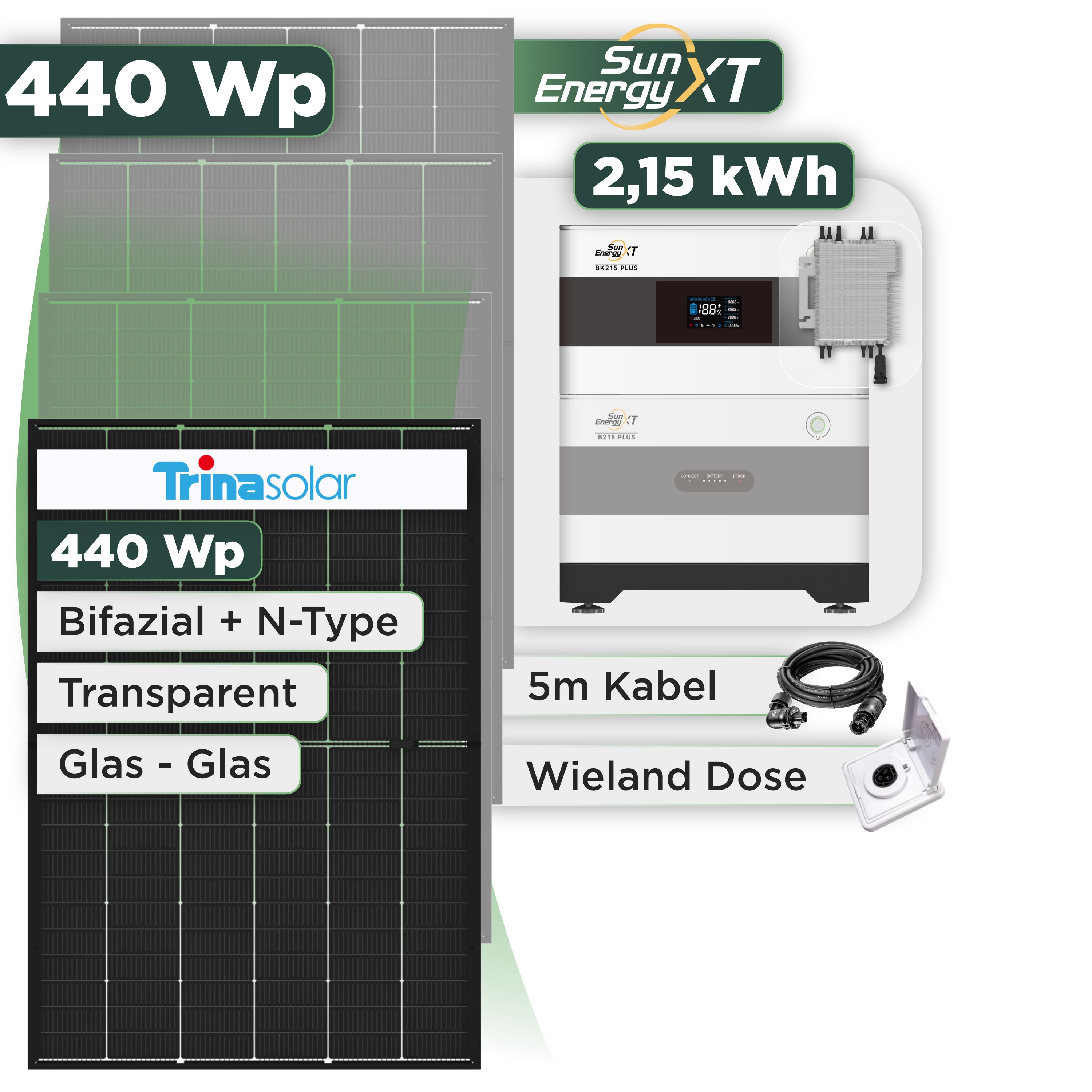 Balkonkraftwerk Set 440 Wp SunEnergyXT Plus / 2,15 kWh / Trina 440 Wp Glas-Glas Bifazial Modul / 1 Modul / Deye 2000 W / Wieland Stecker + Dose