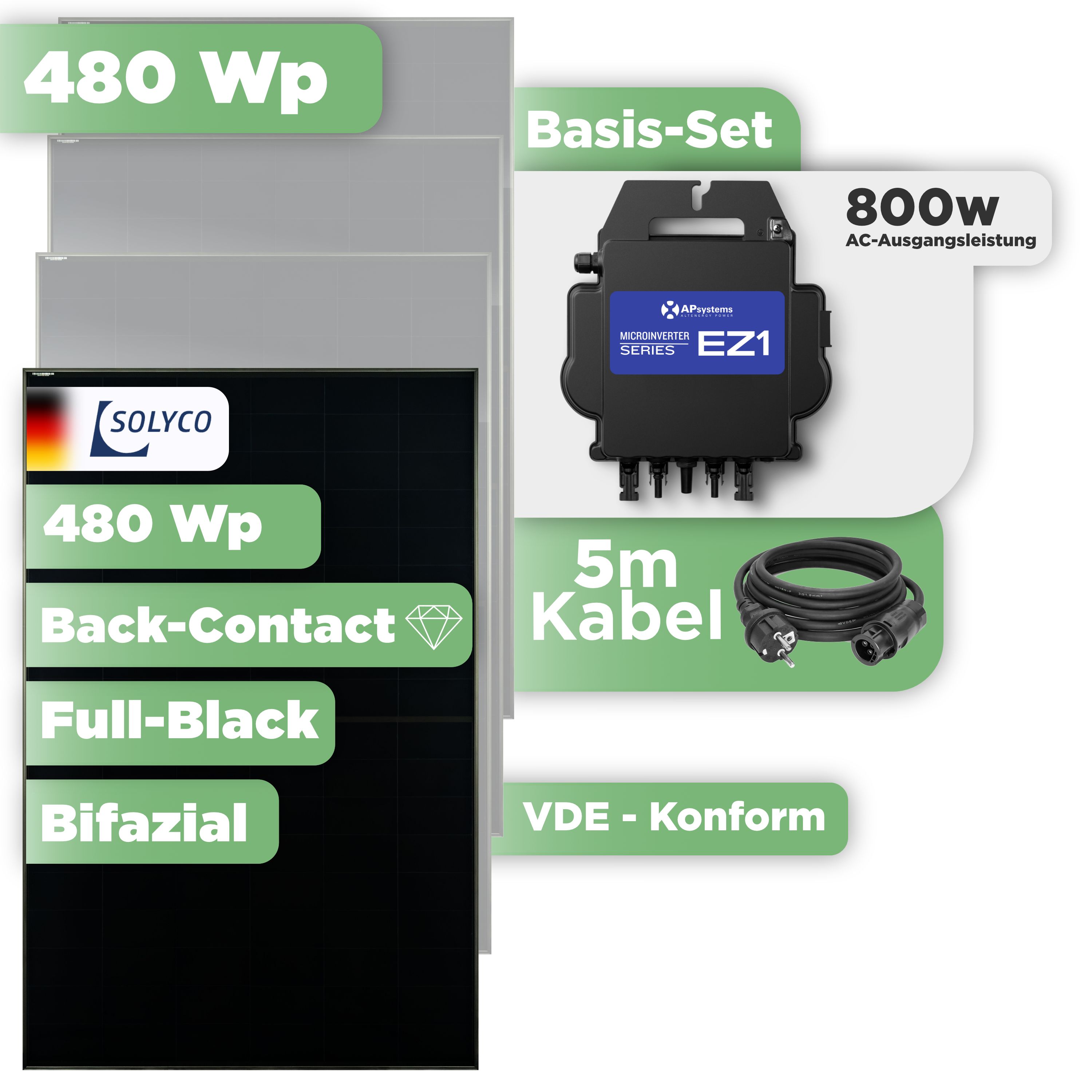 Balkonkraftwerk Basic Set 480 Wp Solyco 480 Wp Glas-Glas Fullblack Back Contact Modul / 1 Modul / APSystems EZ1-M (bis 800 W) / Schuko Stecker