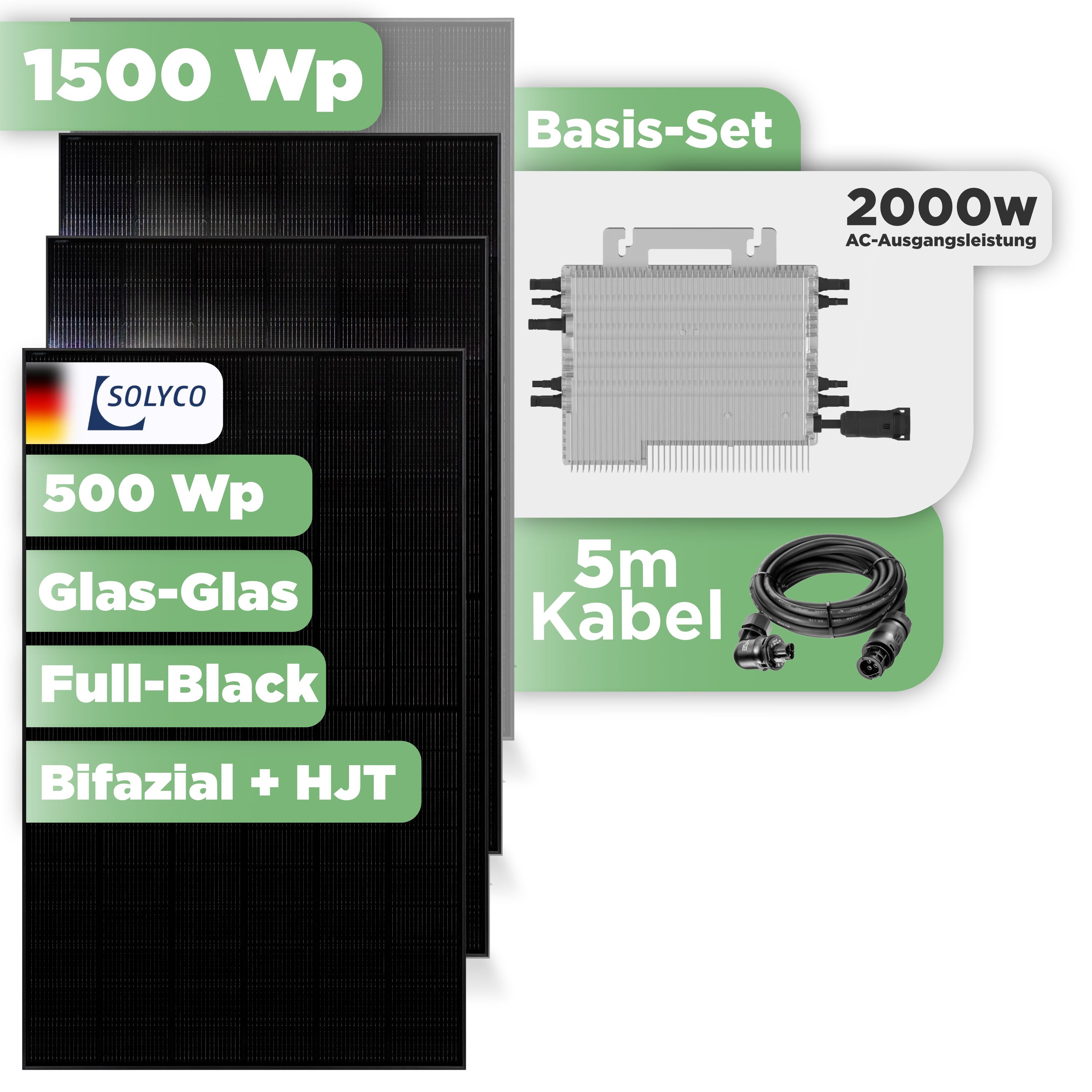 Balkonkraftwerk Basic Set 1500 Wp Solyco 500 Wp Glas-Glas Fullblack-Modul Bifazial / 3 Module / Deye 2000 W / Wieland Stecker