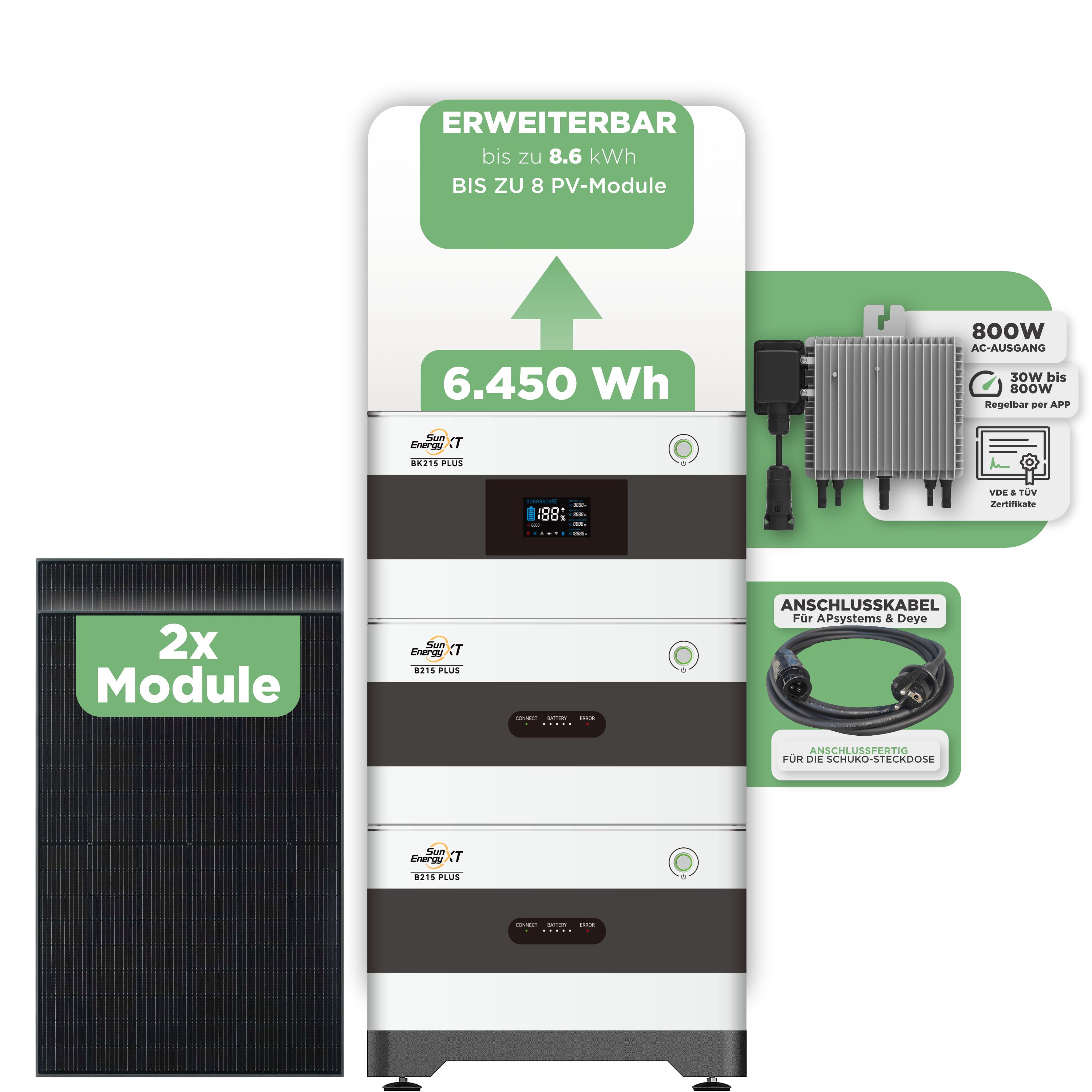 SunEnergyXT BK215 Plus Balkonkraftwerkspeicher 6.450 Wh / 800 W (Deye-SUN-M) / 5 m Schuko Kabel