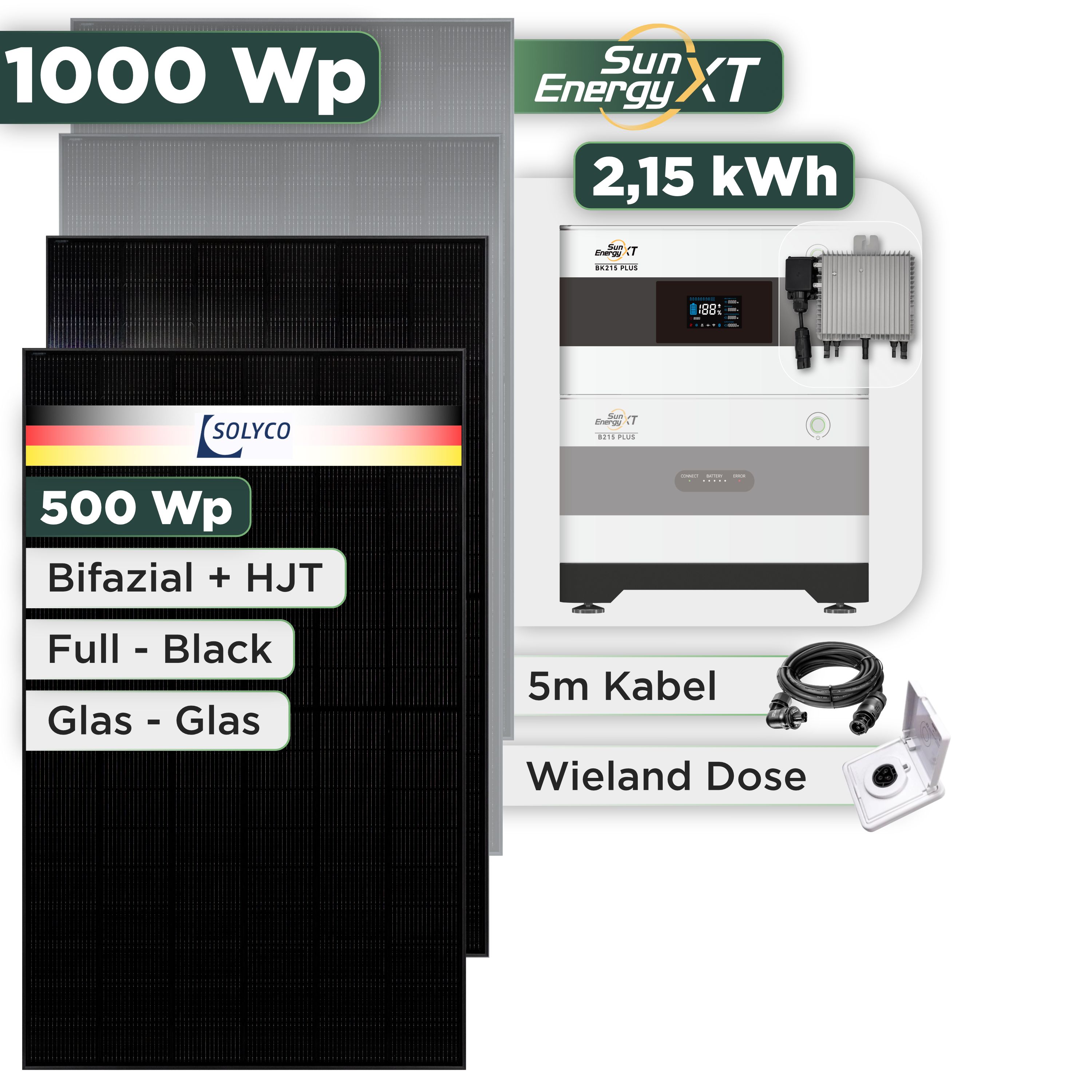 Balkonkraftwerk Set 1000 Wp SunEnergyXT Plus / 2,15 kWh / Solyco 500 Wp Glas-Glas Fullblack-Modul Bifazial / 2 Module / Deye 800 W / Wieland Stecker + Dose