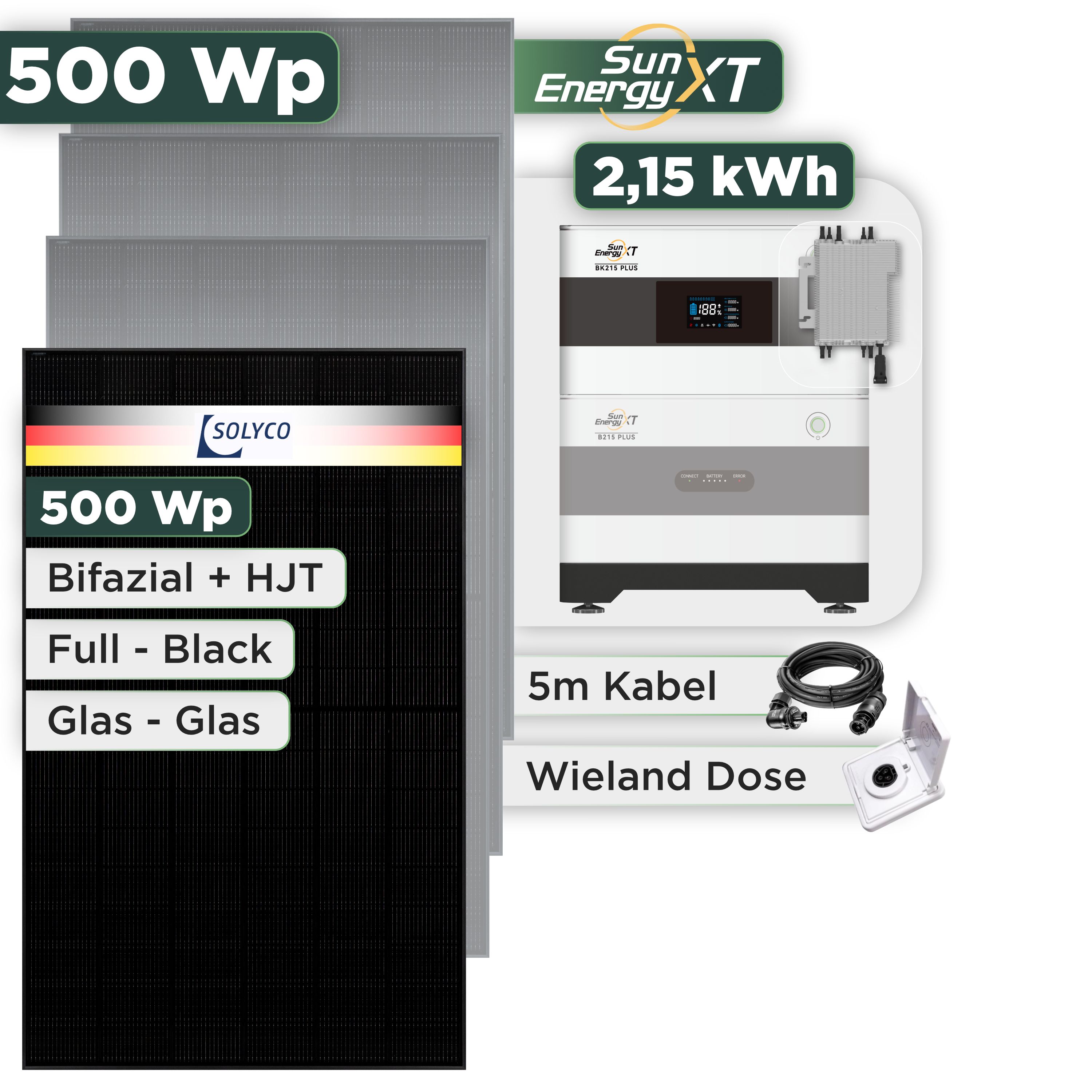 Balkonkraftwerk Set 500 Wp SunEnergyXT Plus / 2,15 kWh / Solyco 500 Wp Glas-Glas Fullblack-Modul Bifazial / 1 Modul / Deye 2000 W / Wieland Stecker + Dose