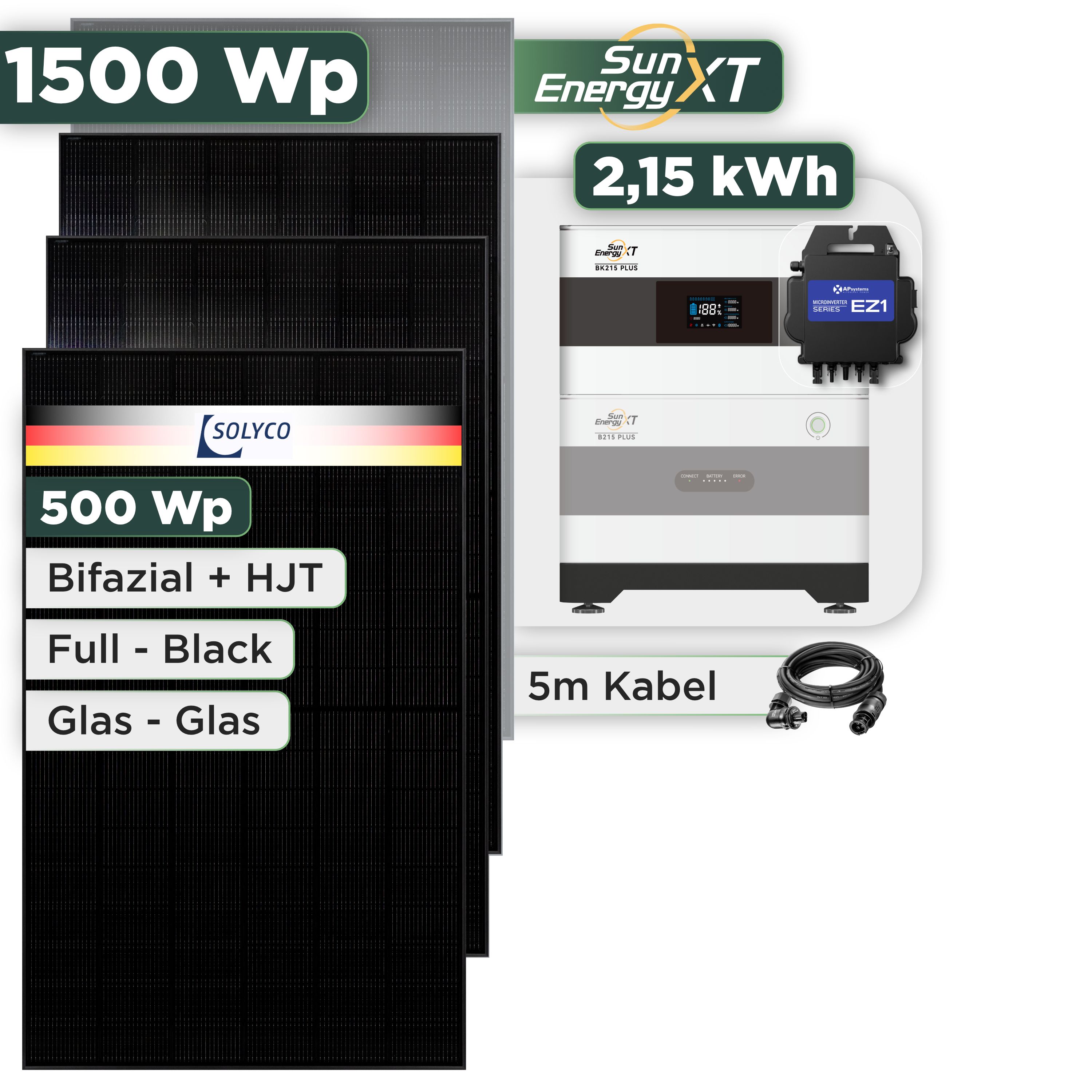 Balkonkraftwerk Set 1500 Wp SunEnergyXT Plus / 2,15 kWh / Solyco 500 Wp Glas-Glas Fullblack-Modul Bifazial / 3 Module / APSystems EZ1-M (bis 800 W) / Wieland Stecker