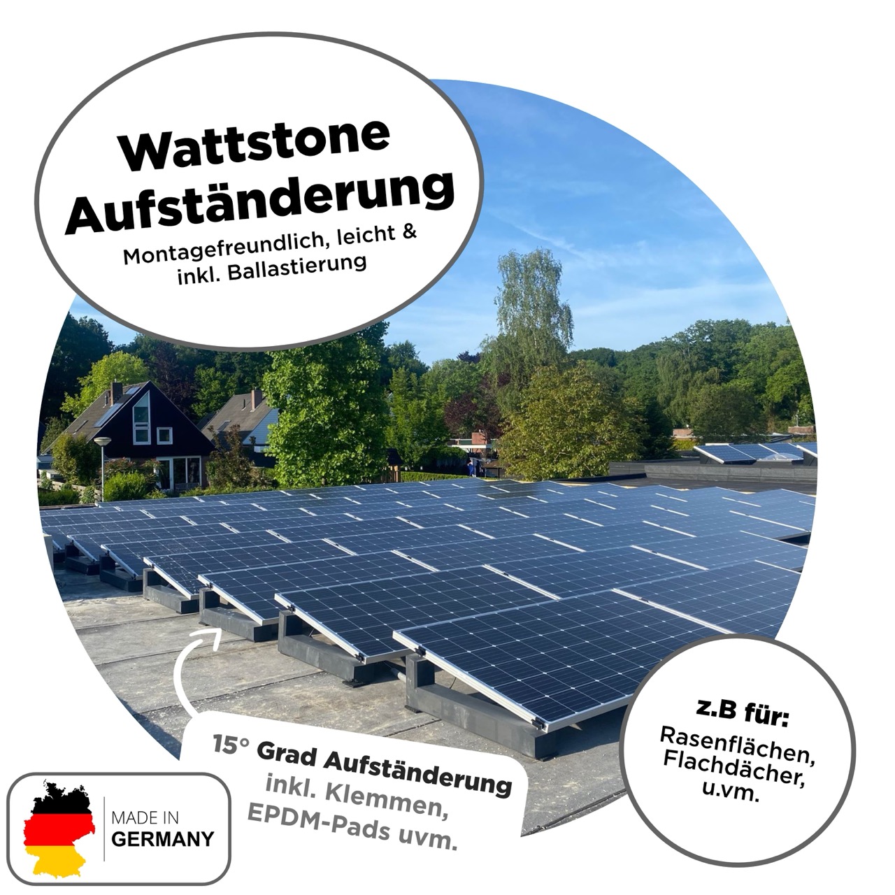 Balkonkraftwerk Flachdach 2000 Wp — APsystems EZ1-M 800 W / Trina Solar / 500 Wp (Glas-Glas Full Black) / Premium - Wattstone Black 15°  / zwei Reihen quer / 4 Module / 20 m