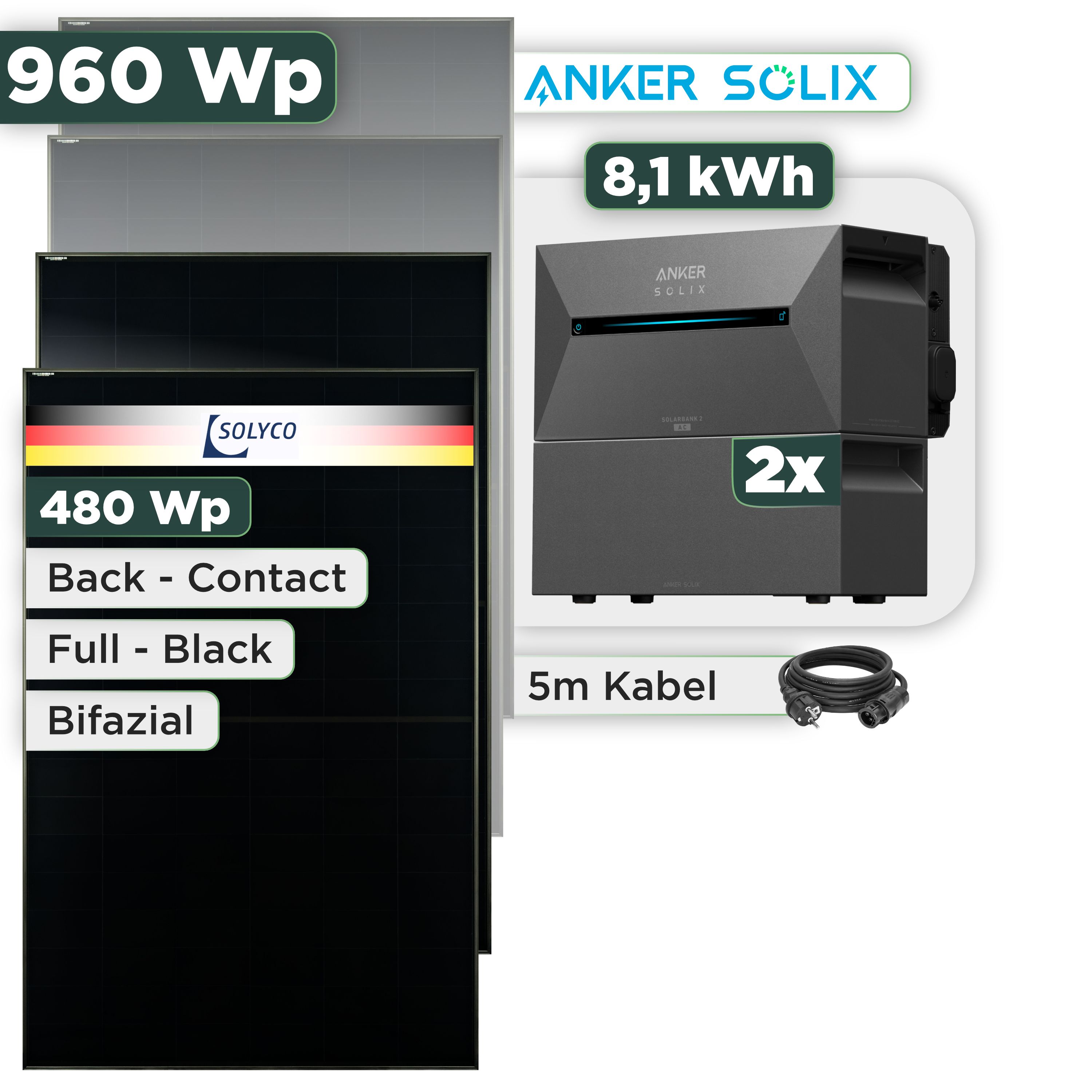 Balkonkraftwerk Set 960 Wp Anker Solarbank 3 Pro / 8,1 kWh / Solyco 480 Wp Glas-Glas Fullblack Back Contact Modul / 2 Module / Schuko Stecker / 3 m