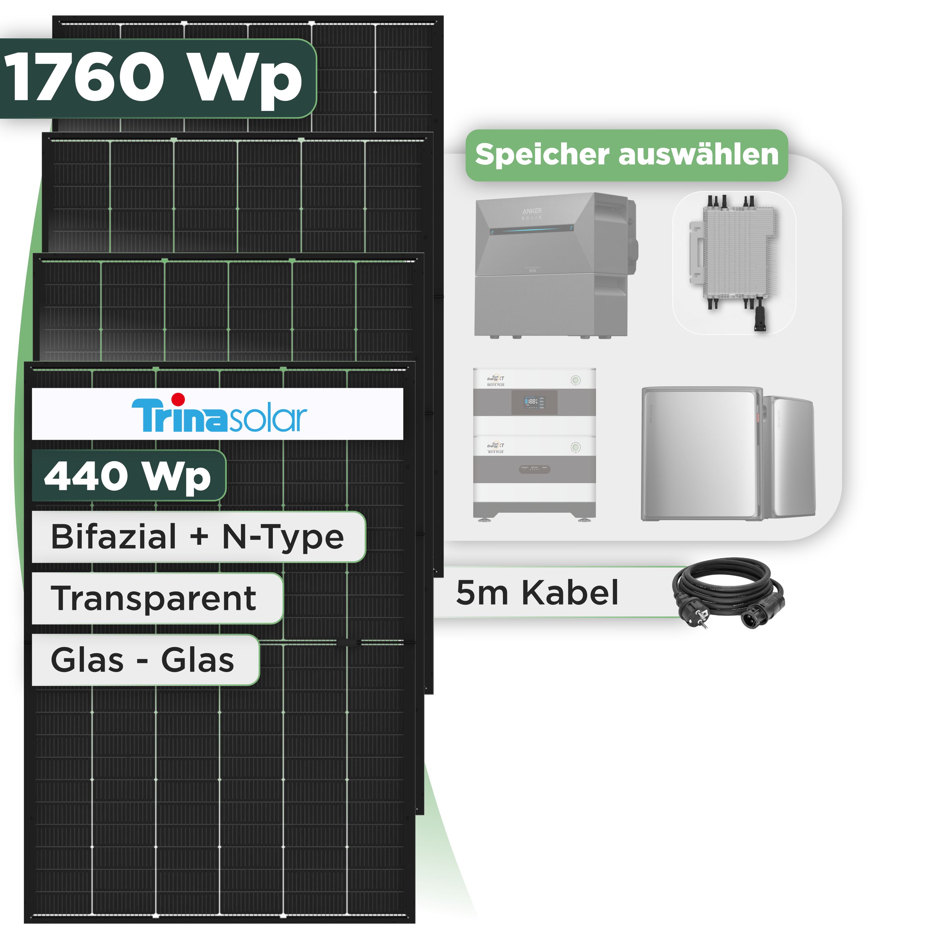 Balkonkraftwerk Set 1760 Wp Trina 440 Wp Glas-Glas Bifazial Modul / 4 Module / Deye 2000 W / Schuko Stecker
