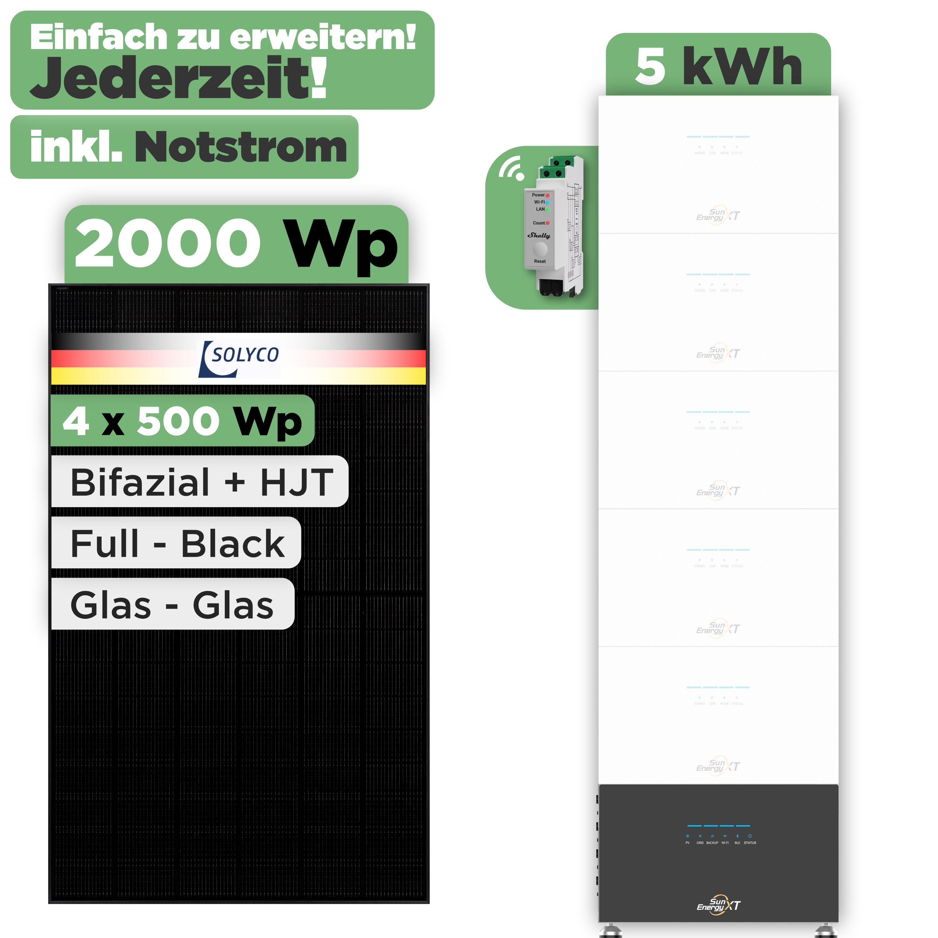 SunEnergyXT 500 Modulset 2000 Wp SunEnergyXT 500 Pro (2400 W) / 5 kWh / Shelly 3EM Pro / Solyco 500 Wp / 4 Module