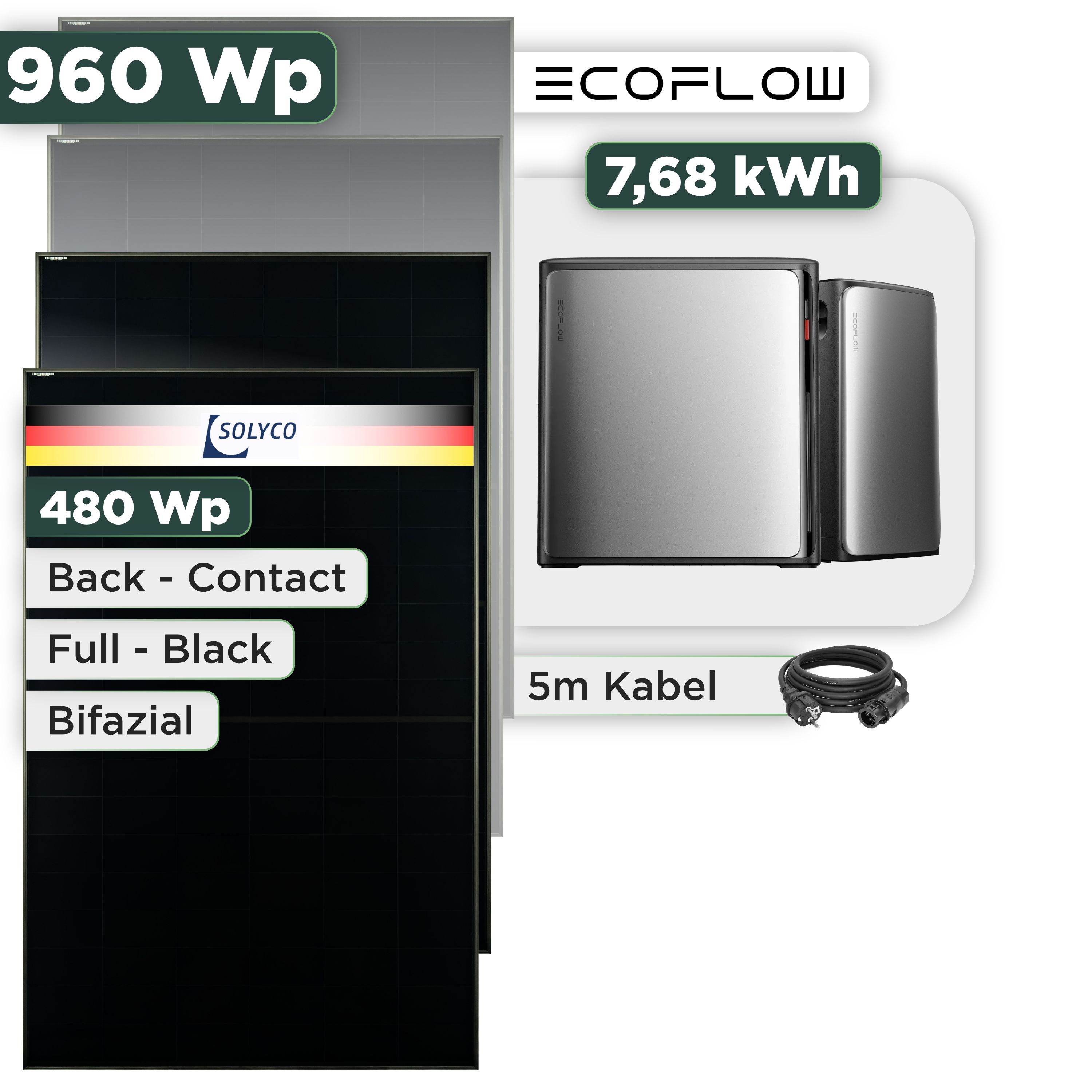 Balkonkraftwerk Set 960 Wp — Ecoflow Stream Ultra X / 7,68 kWh / Solyco 480 Wp Glas-Glas Fullblack Back Contact Modul  / 2 Module / Schuko Stecker / 1,5 m