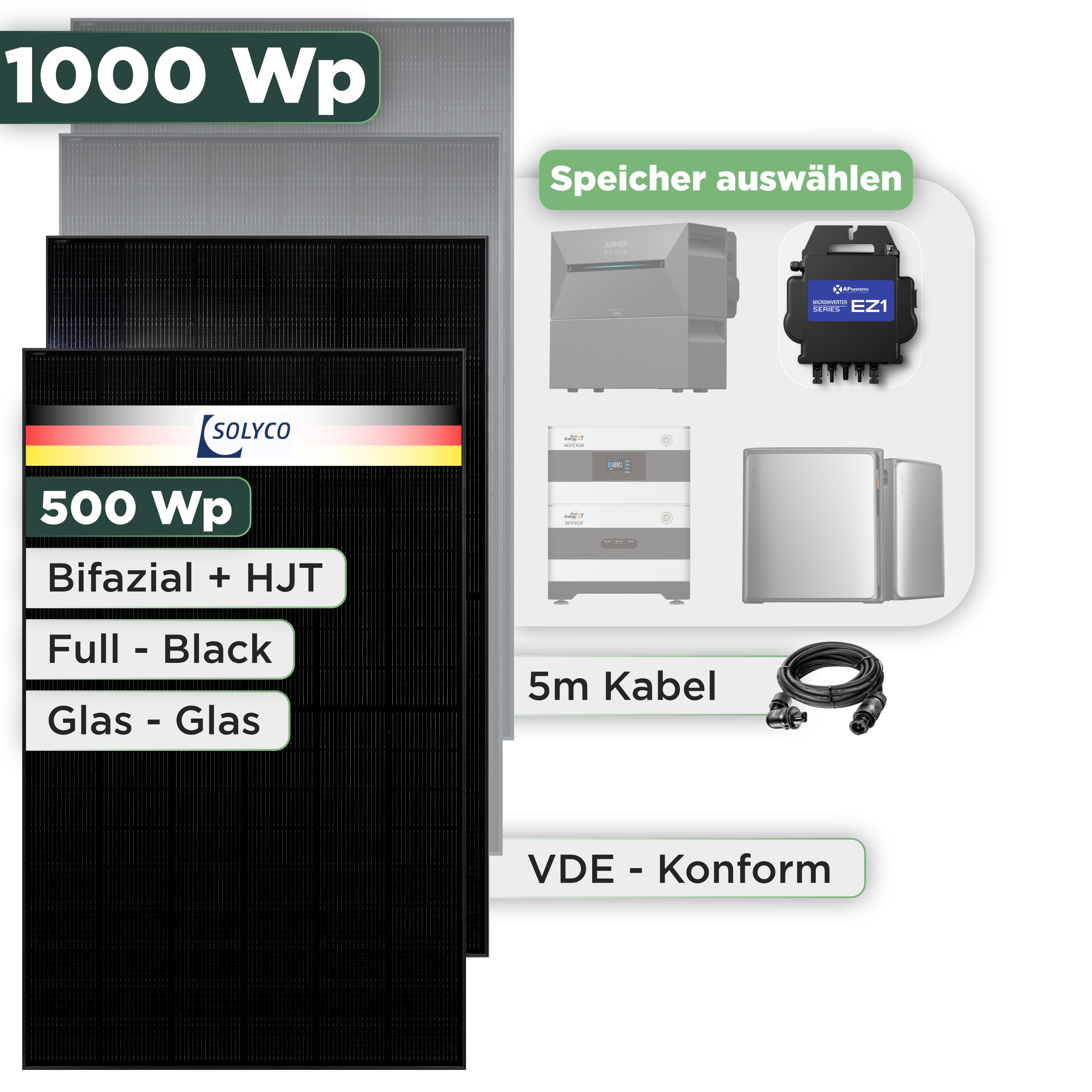 Balkonkraftwerk Set 1000 Wp Solyco 500 Wp Glas-Glas Fullblack-Modul Bifazial / 2 Module / APSystems EZ1-M (bis 800 W) / Wieland Stecker