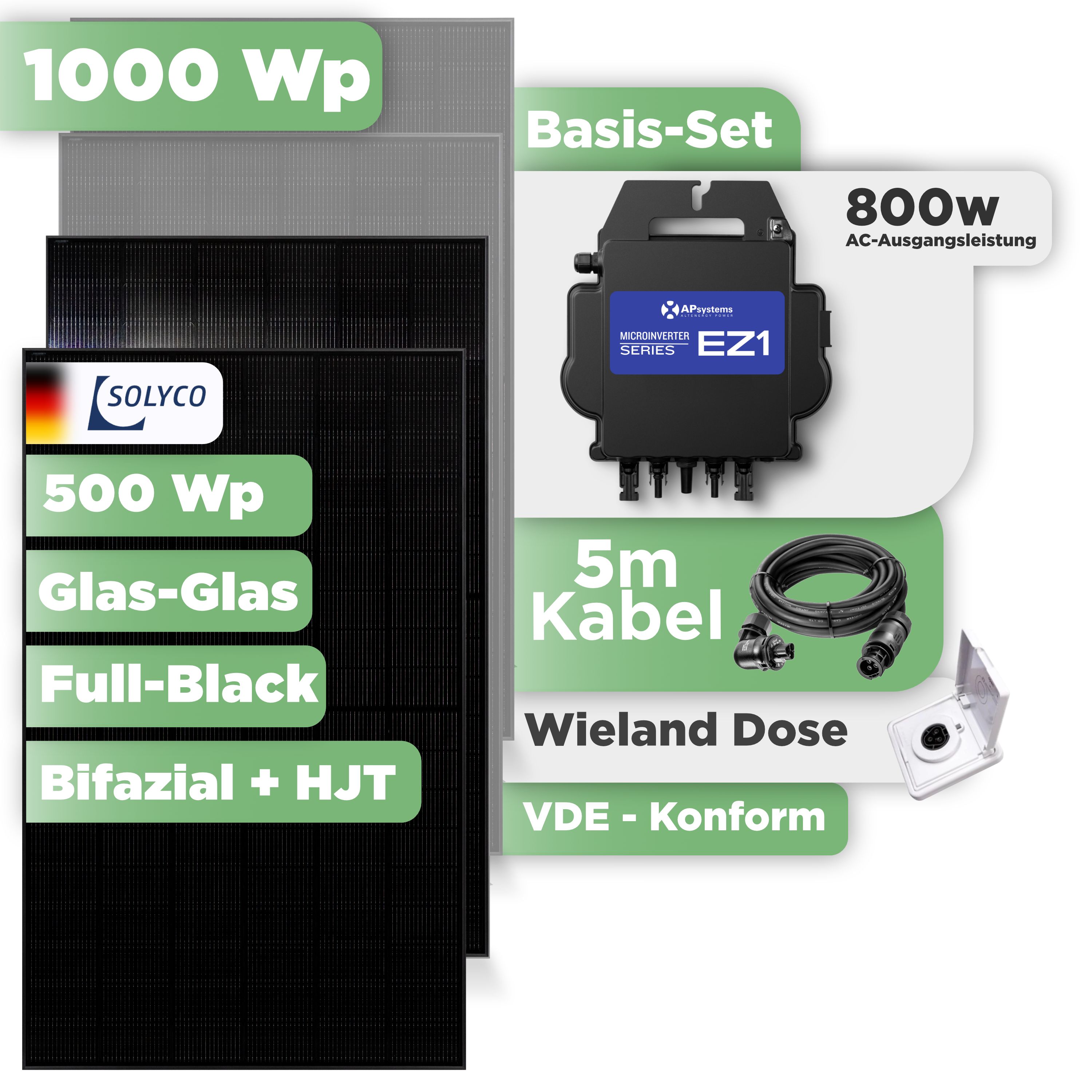 Balkonkraftwerk Basic Set 1000 Wp Solyco 500 Wp Glas-Glas Fullblack-Modul Bifazial / 2 Module / APSystems EZ1-M (bis 800 W) / Wieland Stecker + Dose