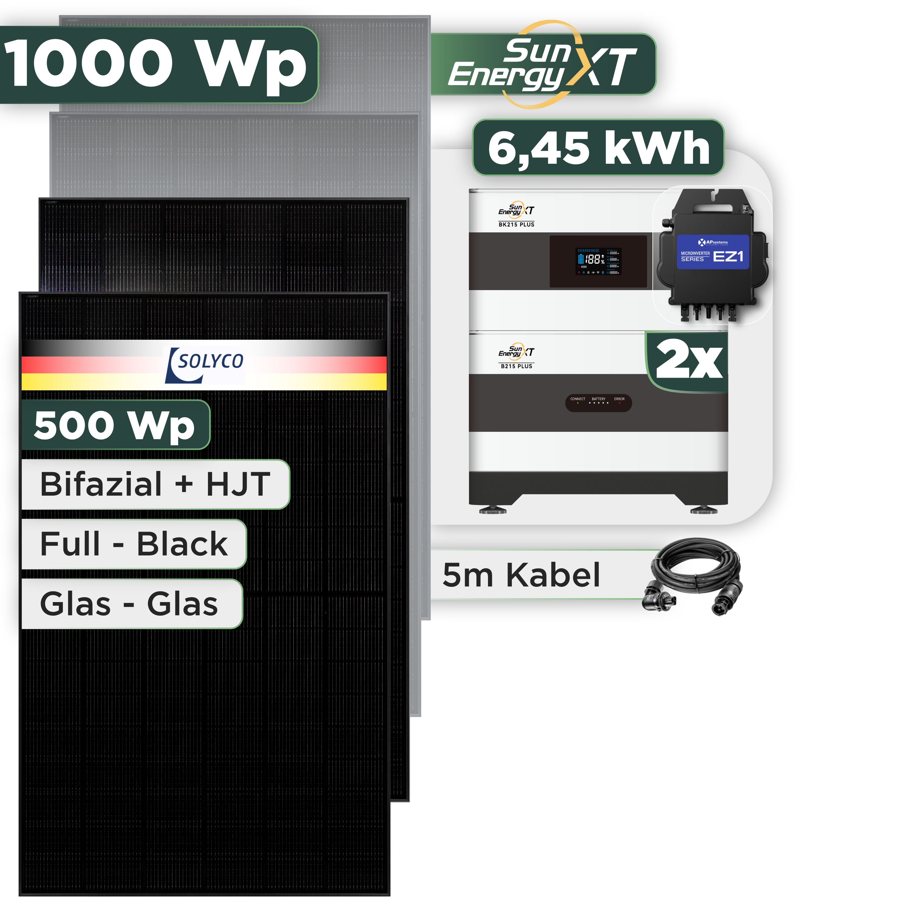 Balkonkraftwerk Set 1000 Wp SunEnergyXT Plus / 6,45 kWh / Solyco 500 Wp Glas-Glas Fullblack-Modul Bifazial / 2 Module / APSystems EZ1-M (bis 800 W) / Wieland Stecker