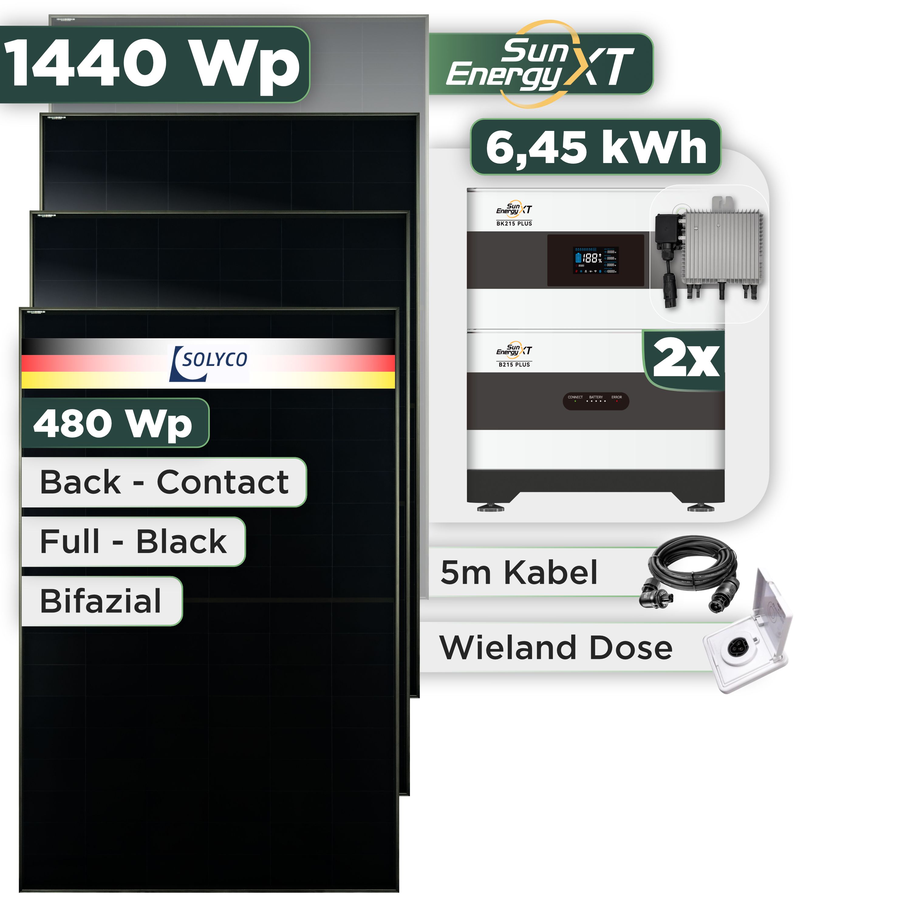 Balkonkraftwerk Set 1440 Wp SunEnergyXT Plus / 6,45 kWh / Solyco 480 Wp Glas-Glas Fullblack Back Contact Modul / 3 Module / Deye 800 W / Wieland Stecker + Dose