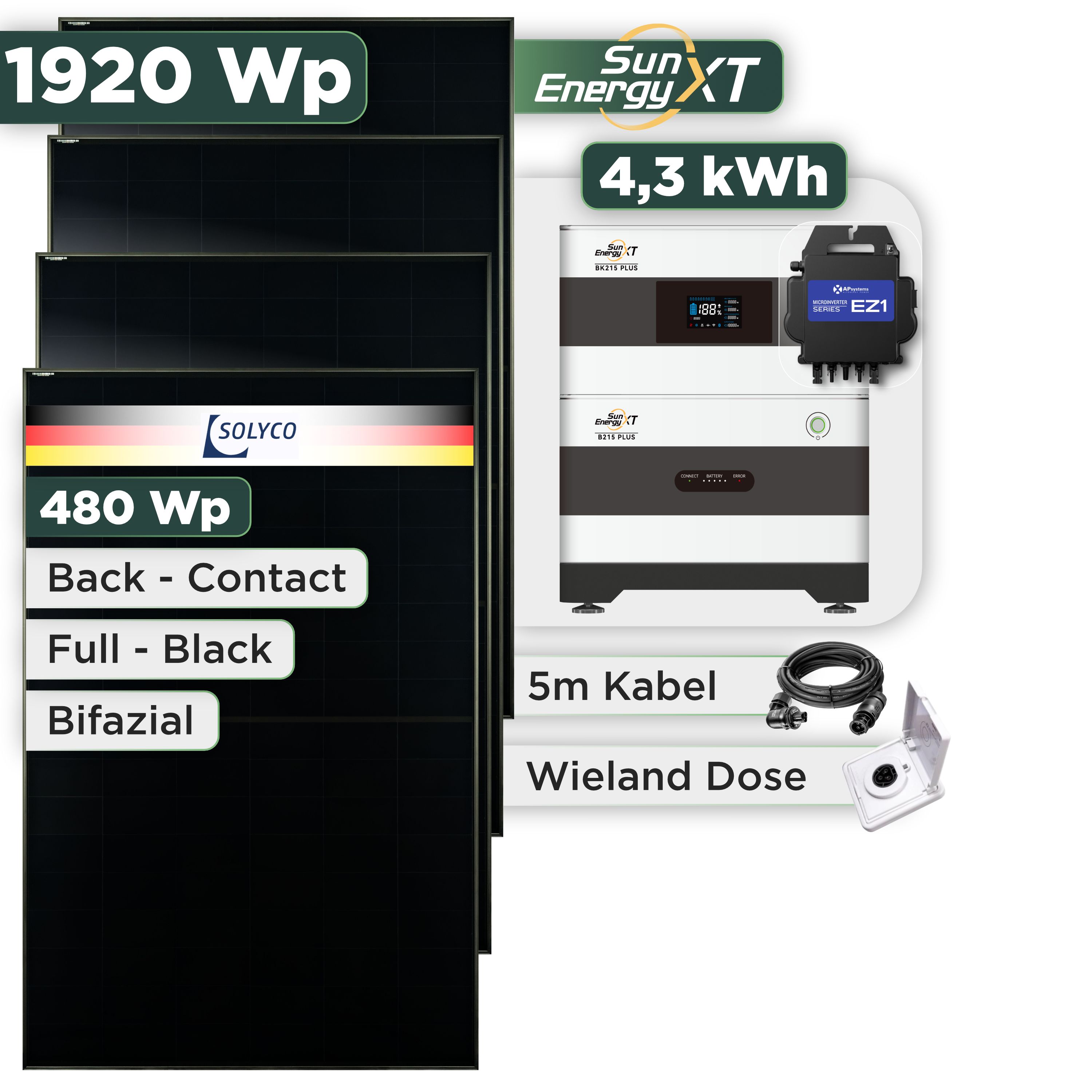 Balkonkraftwerk Set 1920 Wp SunEnergyXT Plus / 4,3 kWh / Solyco 480 Wp Glas-Glas Fullblack Back Contact Modul / 4 Module / APSystems EZ1-M (bis 800 W) / Wieland Stecker + Dose