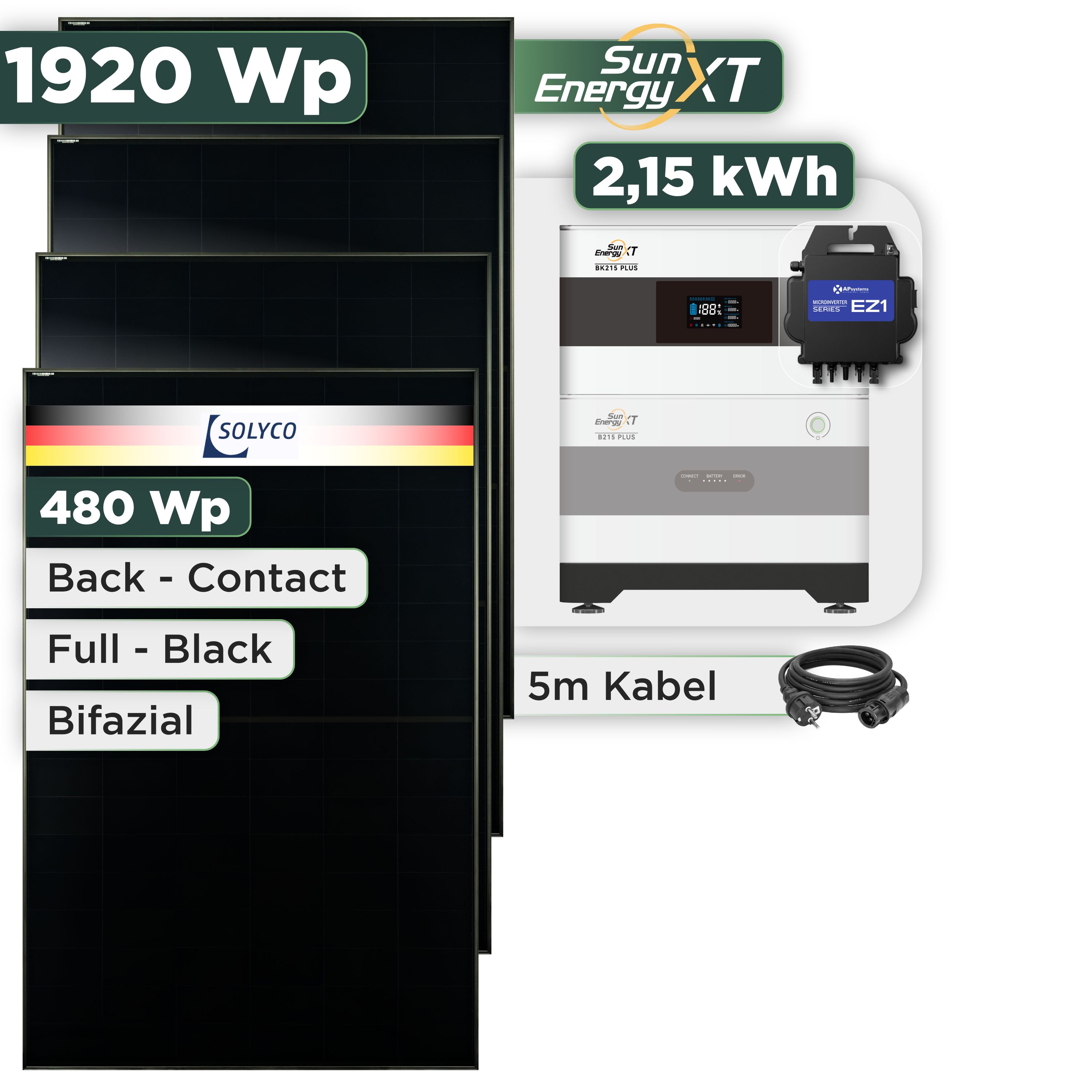 Balkonkraftwerk Set 1920 Wp SunEnergyXT Plus / 2,15 kWh / Solyco 480 Wp Glas-Glas Fullblack Back Contact Modul / 4 Module / APSystems EZ1-M (bis 800 W) / Schuko Stecker