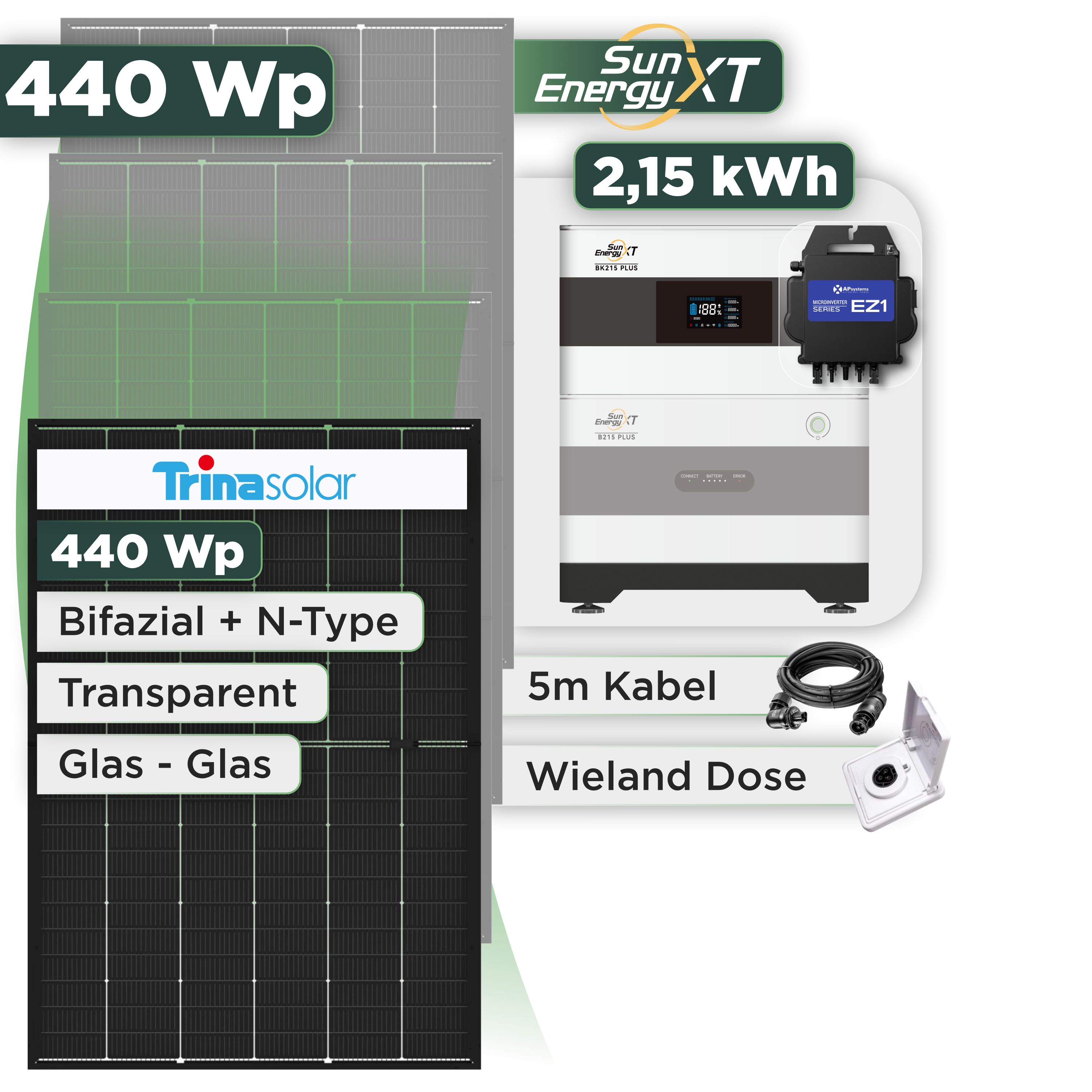 Balkonkraftwerk Set 440 Wp SunEnergyXT Plus / 2,15 kWh / Trina 440 Wp Glas-Glas Bifazial Modul / 1 Modul / APSystems EZ1-M (bis 800 W) / Wieland Stecker + Dose